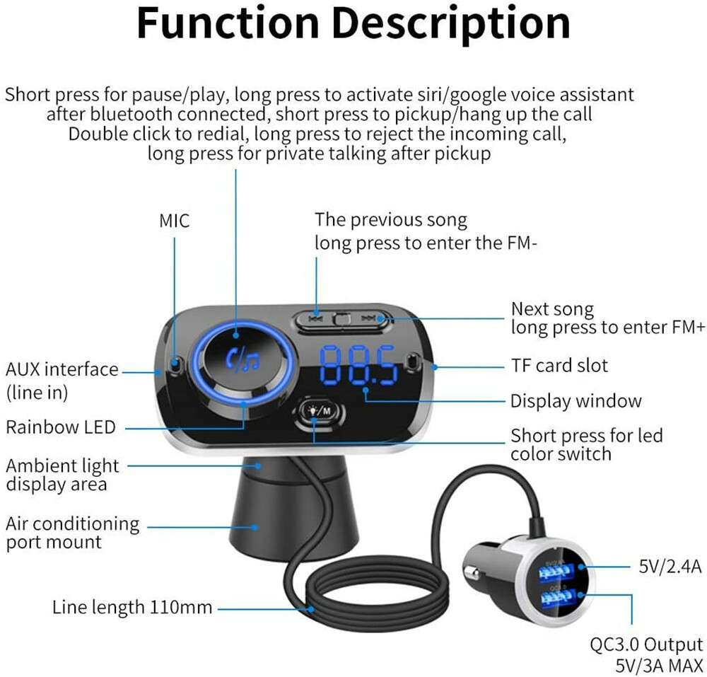 Handsfree Wireless Bluetooth FM Transmitter Car Kit Mp3 Player with USB Charger