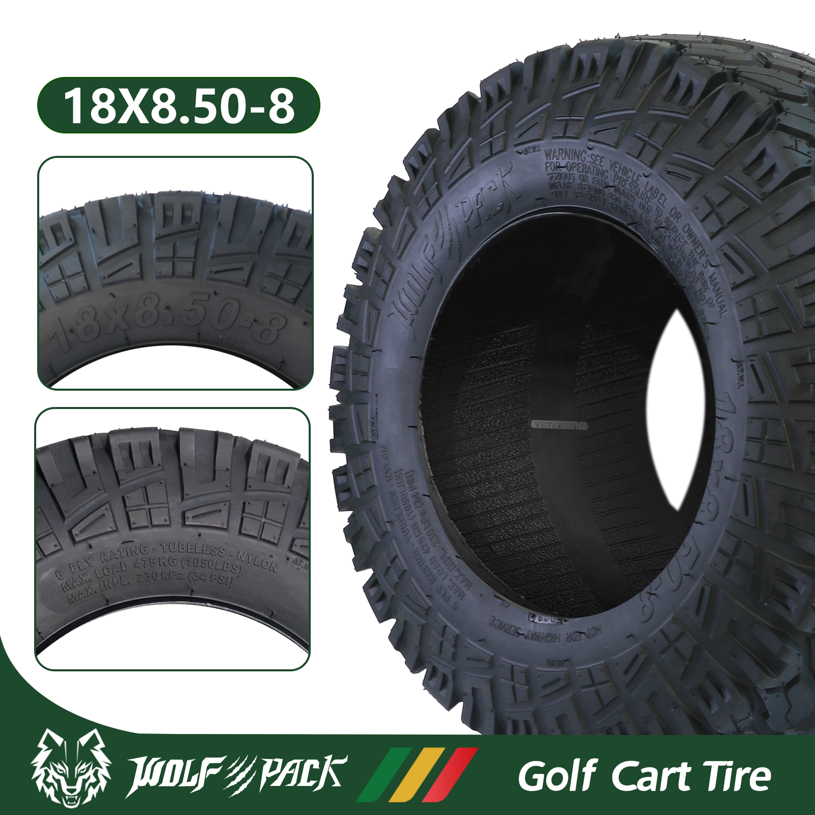Set Four 18X8.5-8 18X8.5X8 Golf Cart Tires 6 ply All Terrain Low Profile Tire