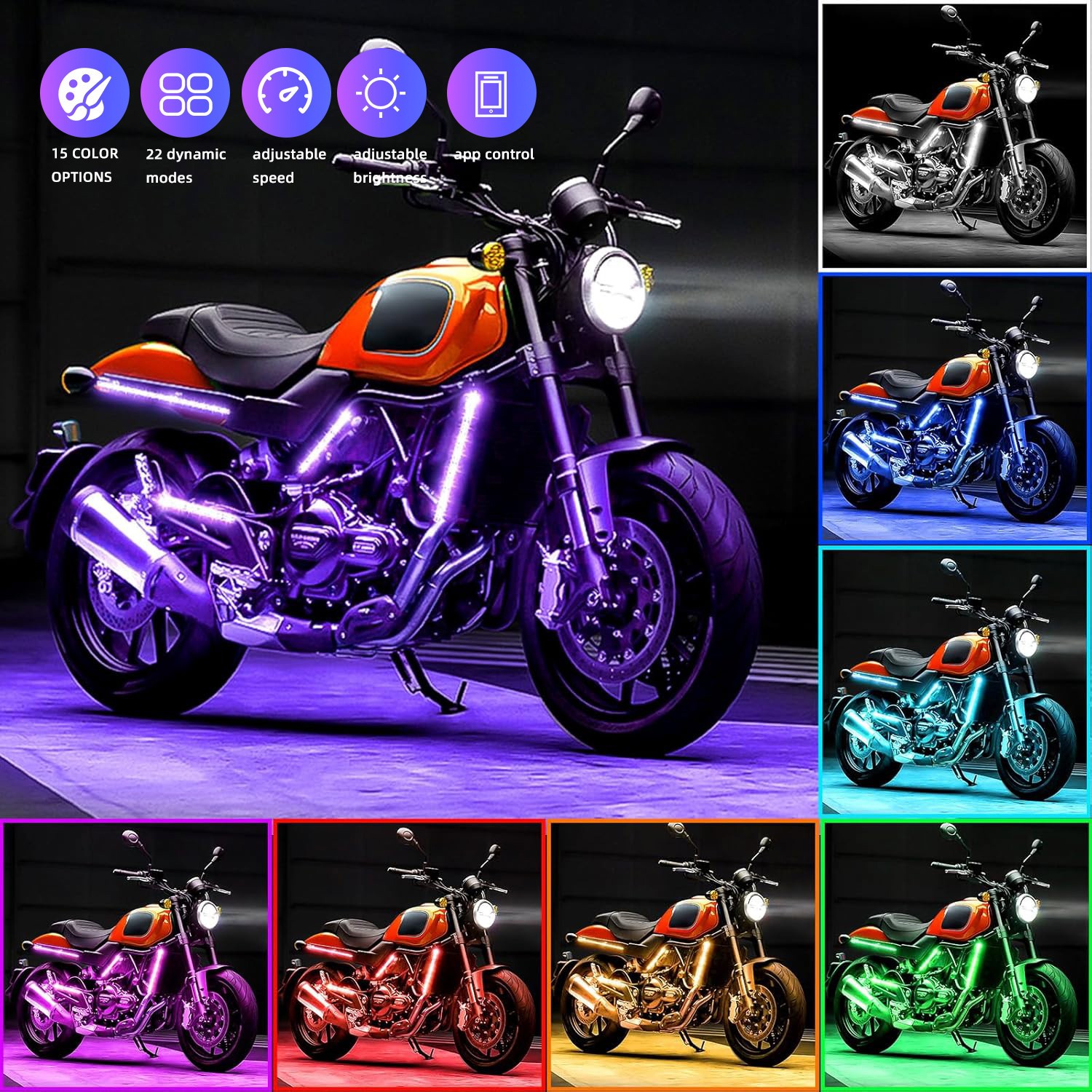 10PCS Motorcycle RGB LED Strip Light Under Glow Neon Kit Bluetooth APP Control