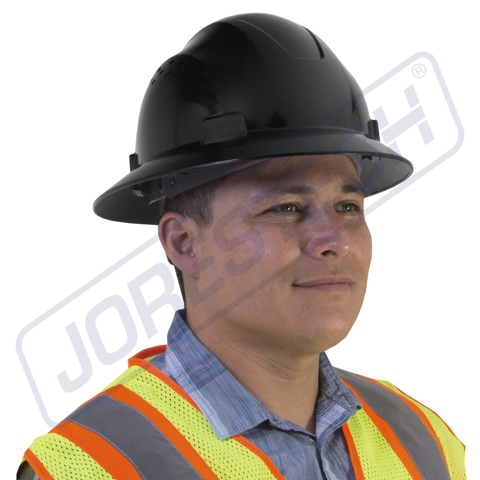 BLACK HARD HAT FULL BRIM JORESTECH 4 POINT RATCHET SUSPENSION CONSTRUCTION