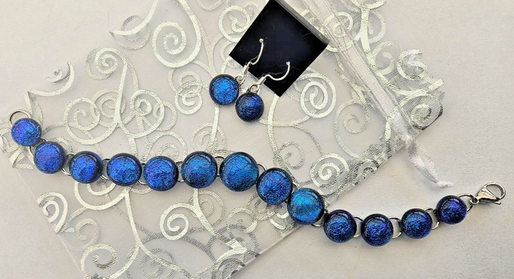 Handcrafted Teal Blue Dichroic Glass Cabochon Bracelet Set