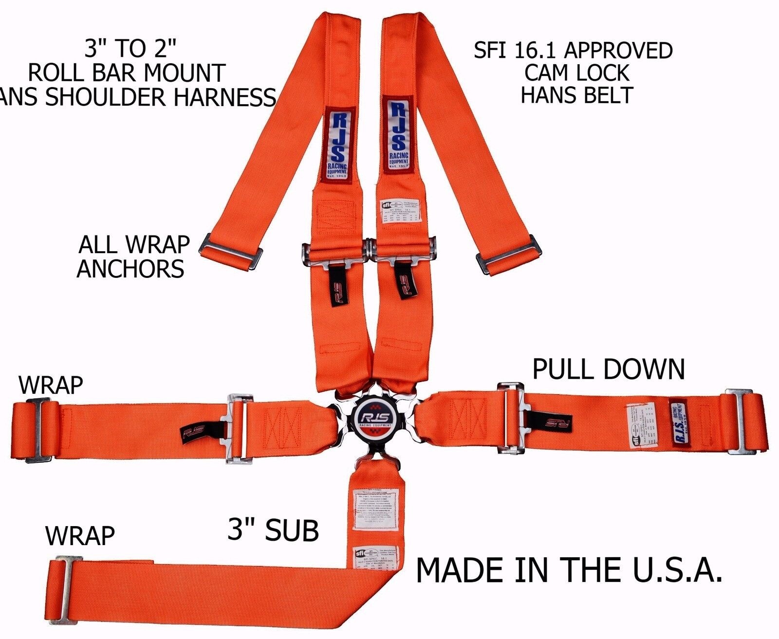RJS RACING SFI 16.1 5PT HANS CAM LOCK ROLL BAR MOUNT WRAP IN BELT ORANGE 1047105