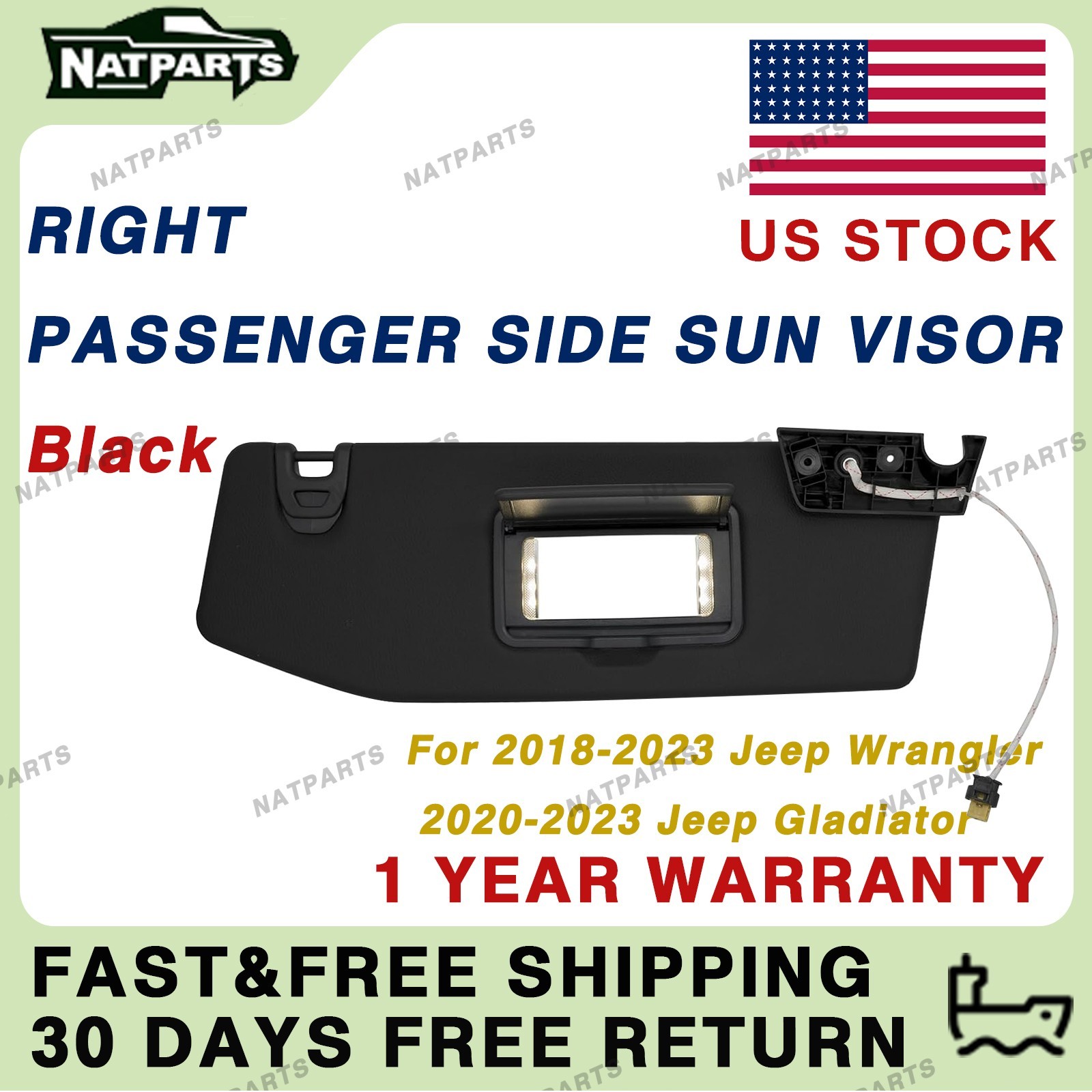 Right Sun Visor W/ Light for18-23 JeepWrangler 20-23 JeepGladiator 6CD23TX7AN