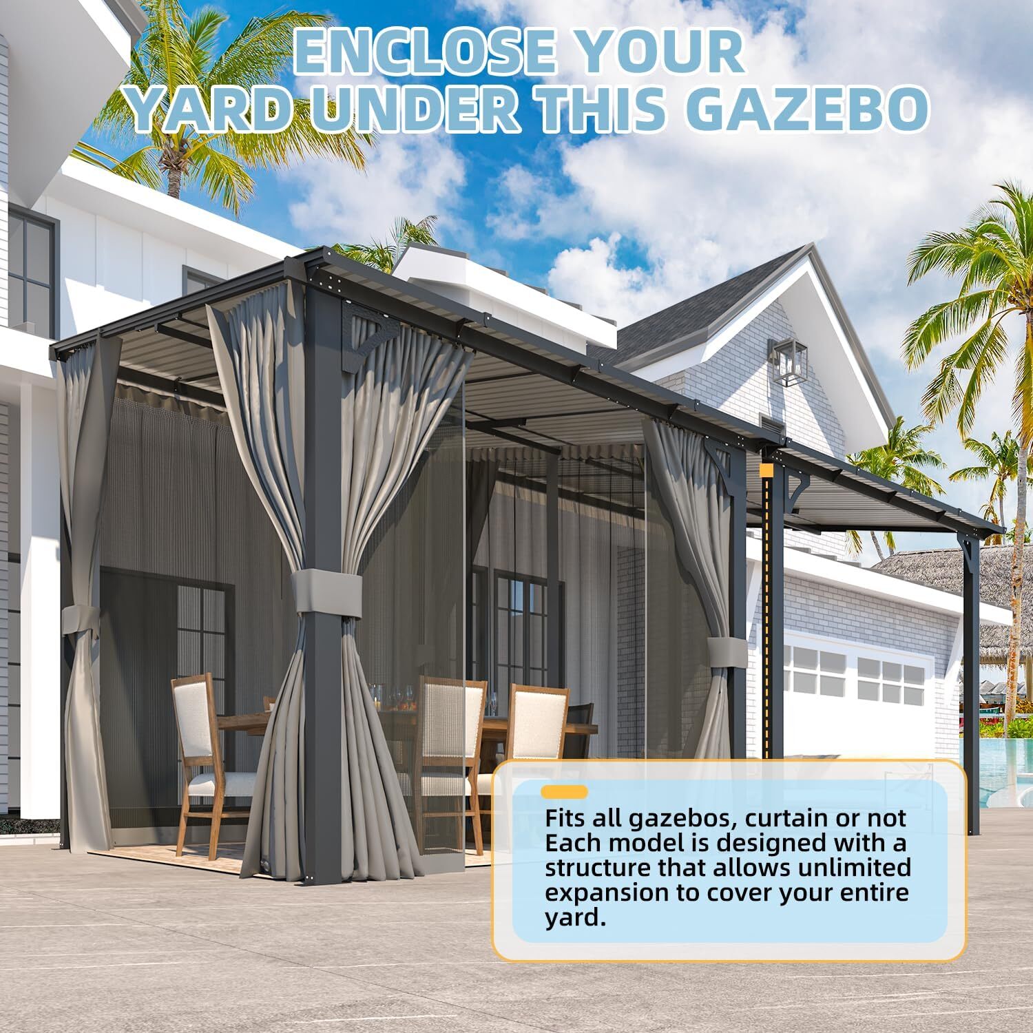 Gazebo for Patio, Wall-Mounted Lean to Pergola Gazebo with Curtains and Netting