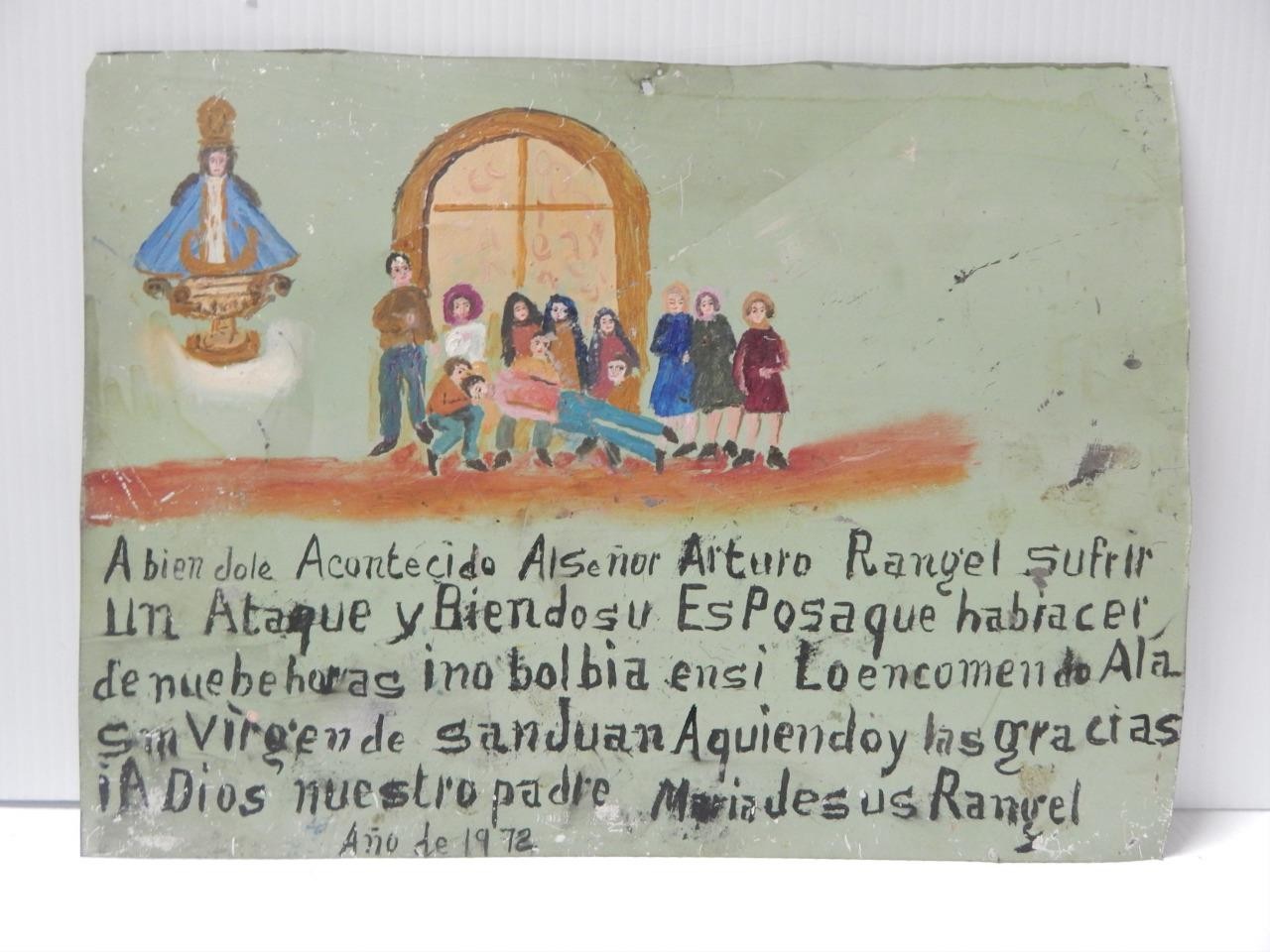 LARGE VINTAGE TIN MEXICAN RELIGIOUS EX VOTO RETABLO CATHOLIC CHRISTIAN FOLK ART