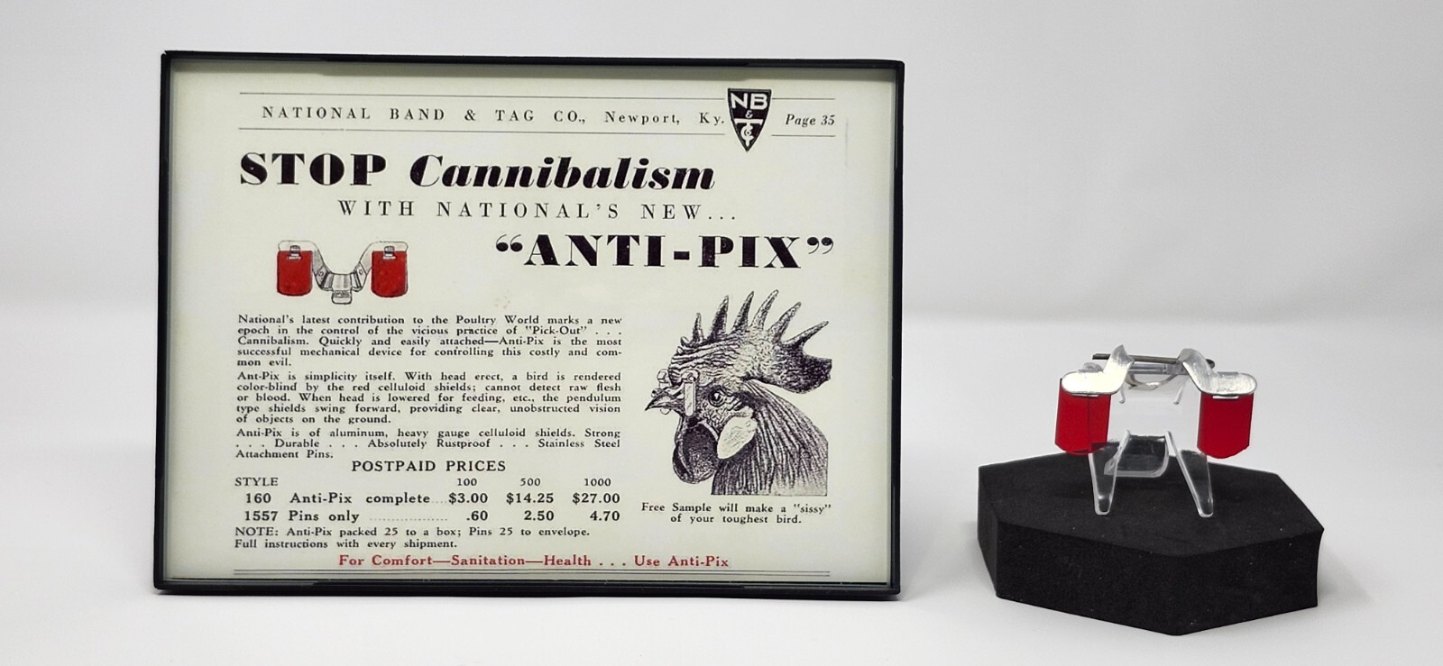 Vtg. Pair of National Band & Tag Co. Red Chicken Glasses Anti Pix W/ Framed Ad