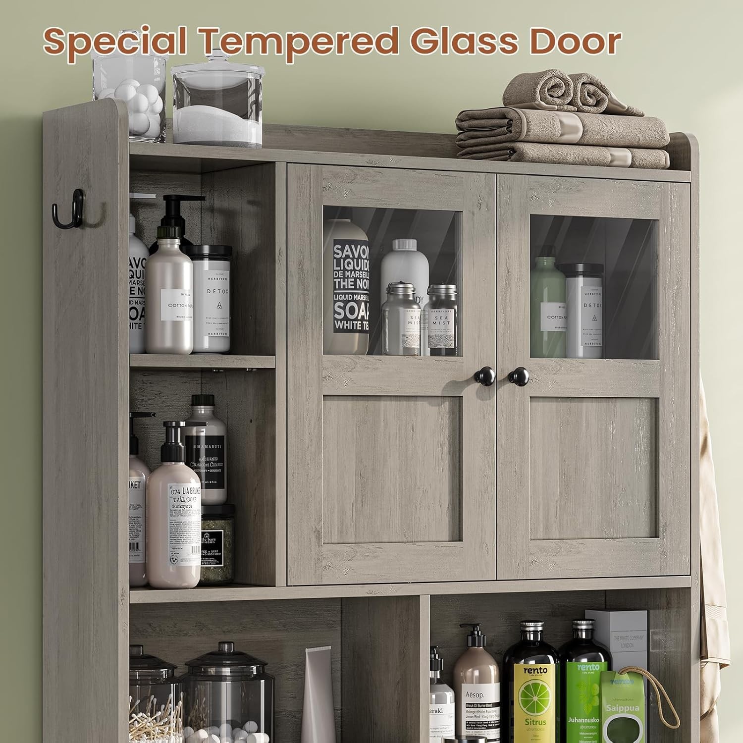 Over The Toilet Storage Cabinet, Farmhouse Bathroom Organizer with Glass Doors