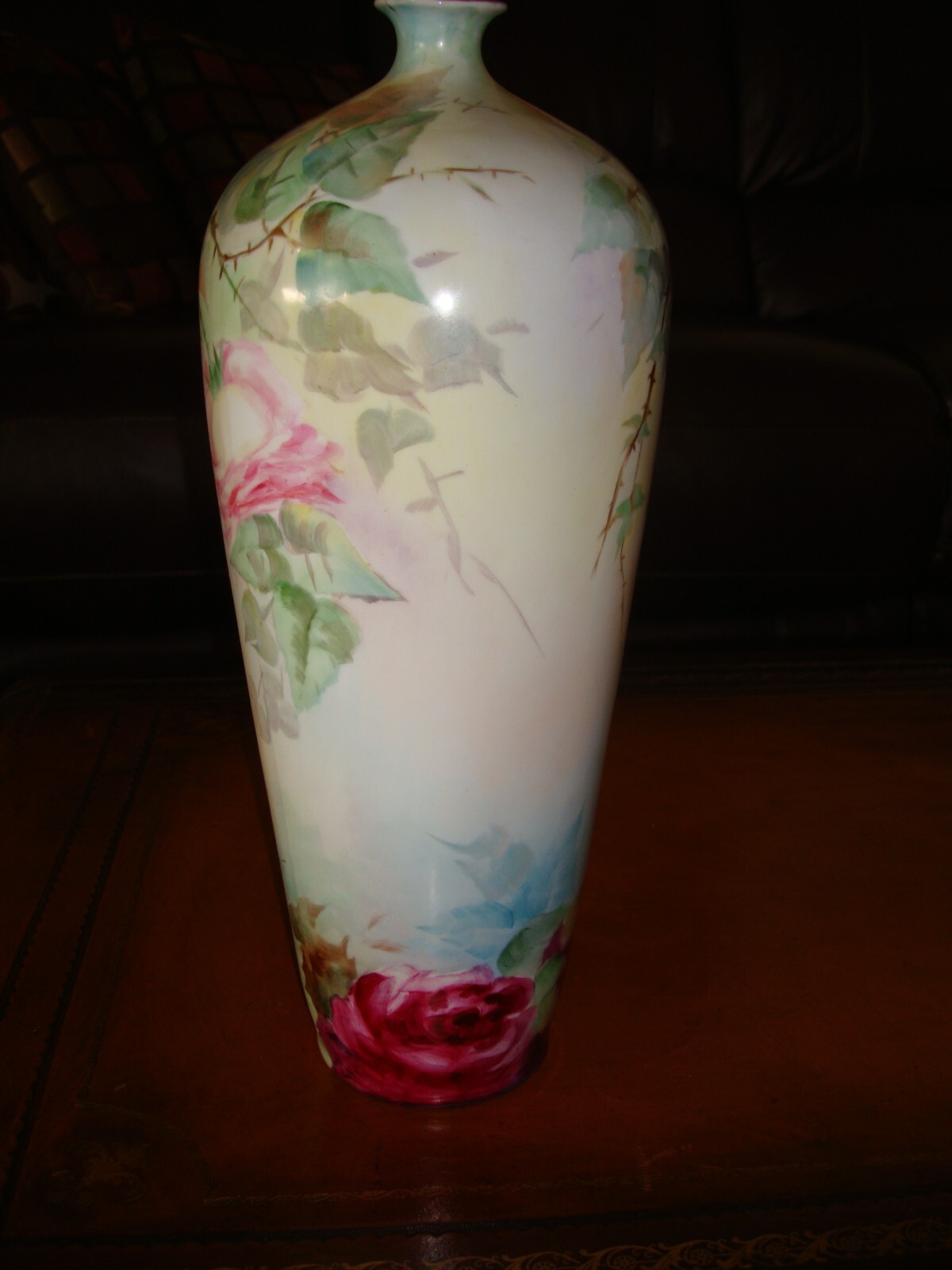 ANTIQUE HOHENZOLLERN GERMANY LARGE 14" HAND PAINTED PORCELAIN VASE, PINK ROSES