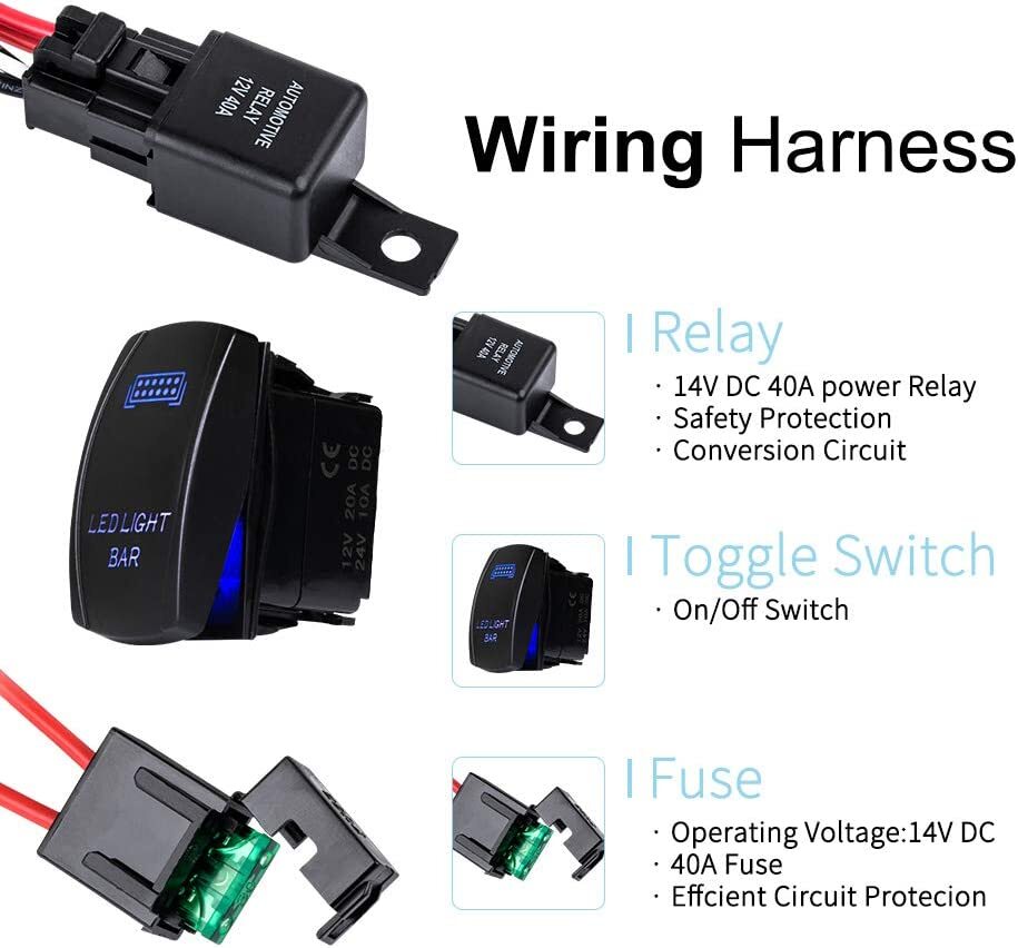 2pcs Universal LED Light Bar Wiring Harness Kits 12V 40A Relay Rocker Switch Kit