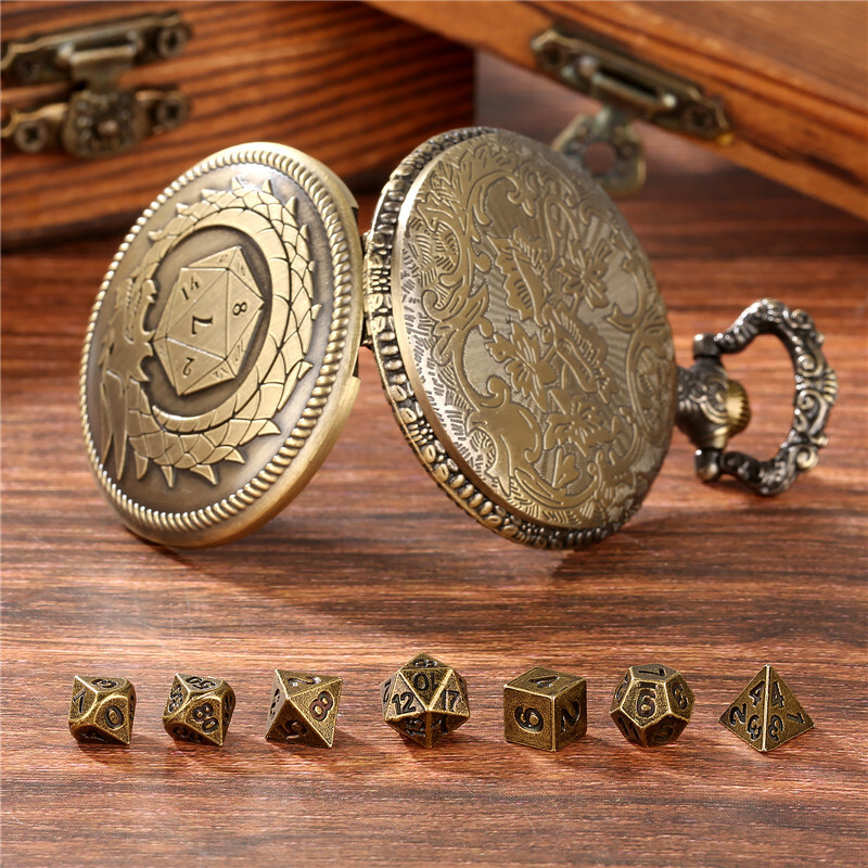 7Pcs Dnd Dungeons & Dragons Polyhedral Dice Set in Dragon D20 Pocket Watch Case