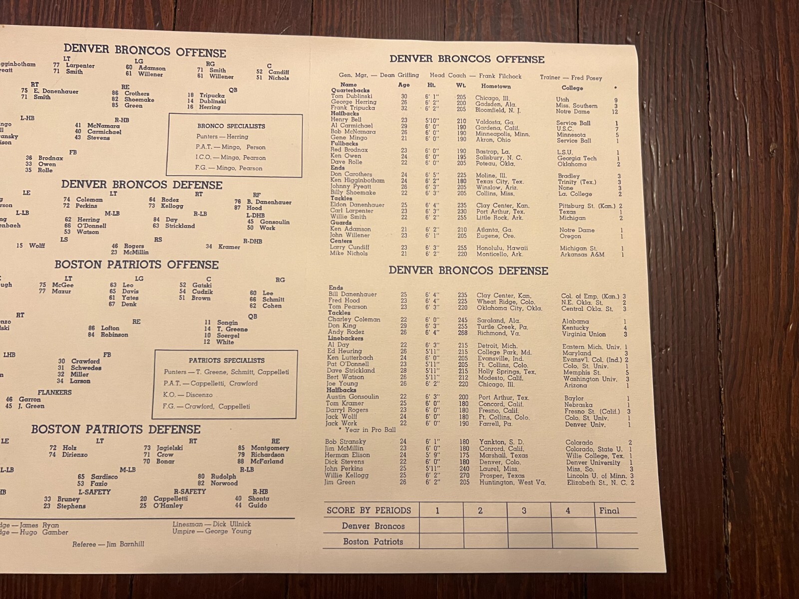 1960 AFL FOOTBALL GAME PROGRAM - DENVER BRONCOS @ BOSTON PATRIOTS REPRINT