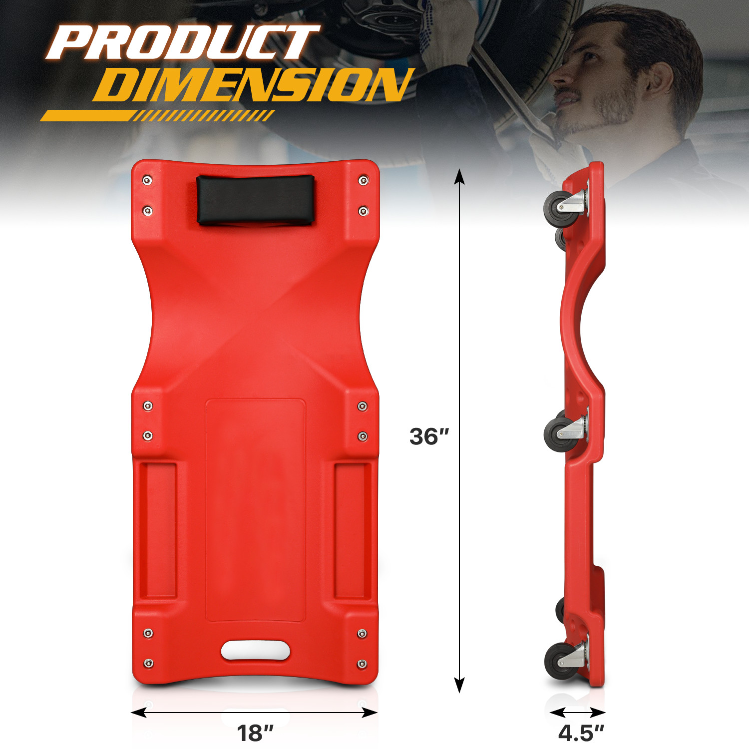 36" Red Rolling Low Profile Creeper Automotive Garage Repair w/Papped Head Rest