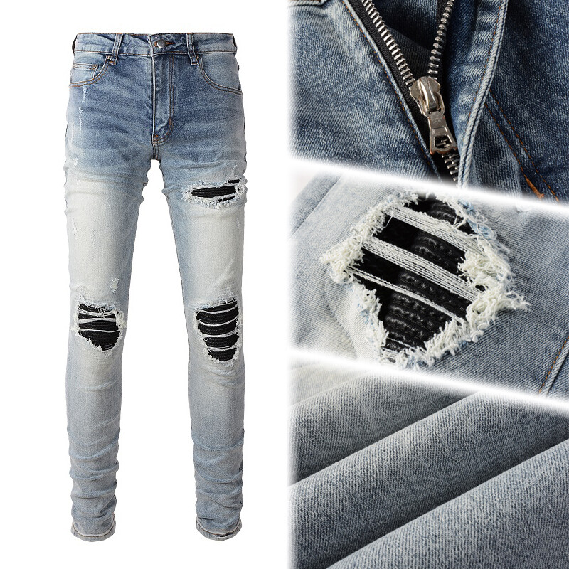 Men's Skinny Fit Stretch Denim Jeans, PU Patches, Distressed Rips & Wash Effect