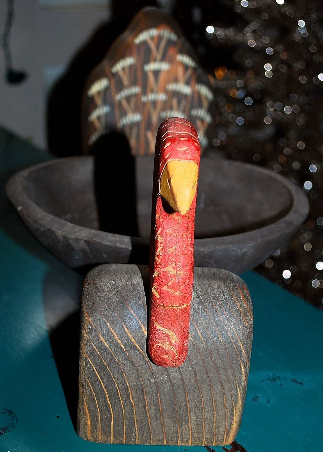 Vtg Hand Carved WOODEN TURKEY BOWL Painted FOLK ART Thanksgiving Centerpiece 14"