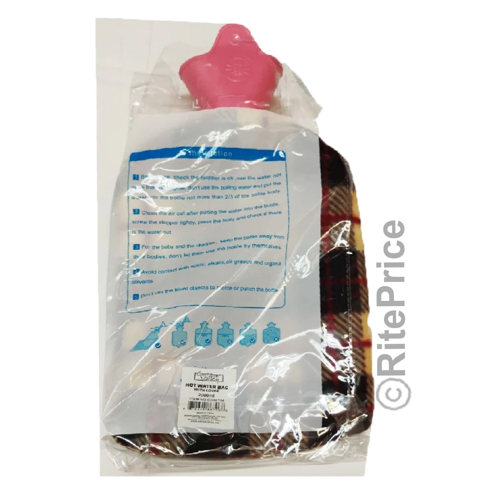 2000ml Hot Water Bottle with Plush Cover Rubber Bag For Pain Relief Warm Therapy