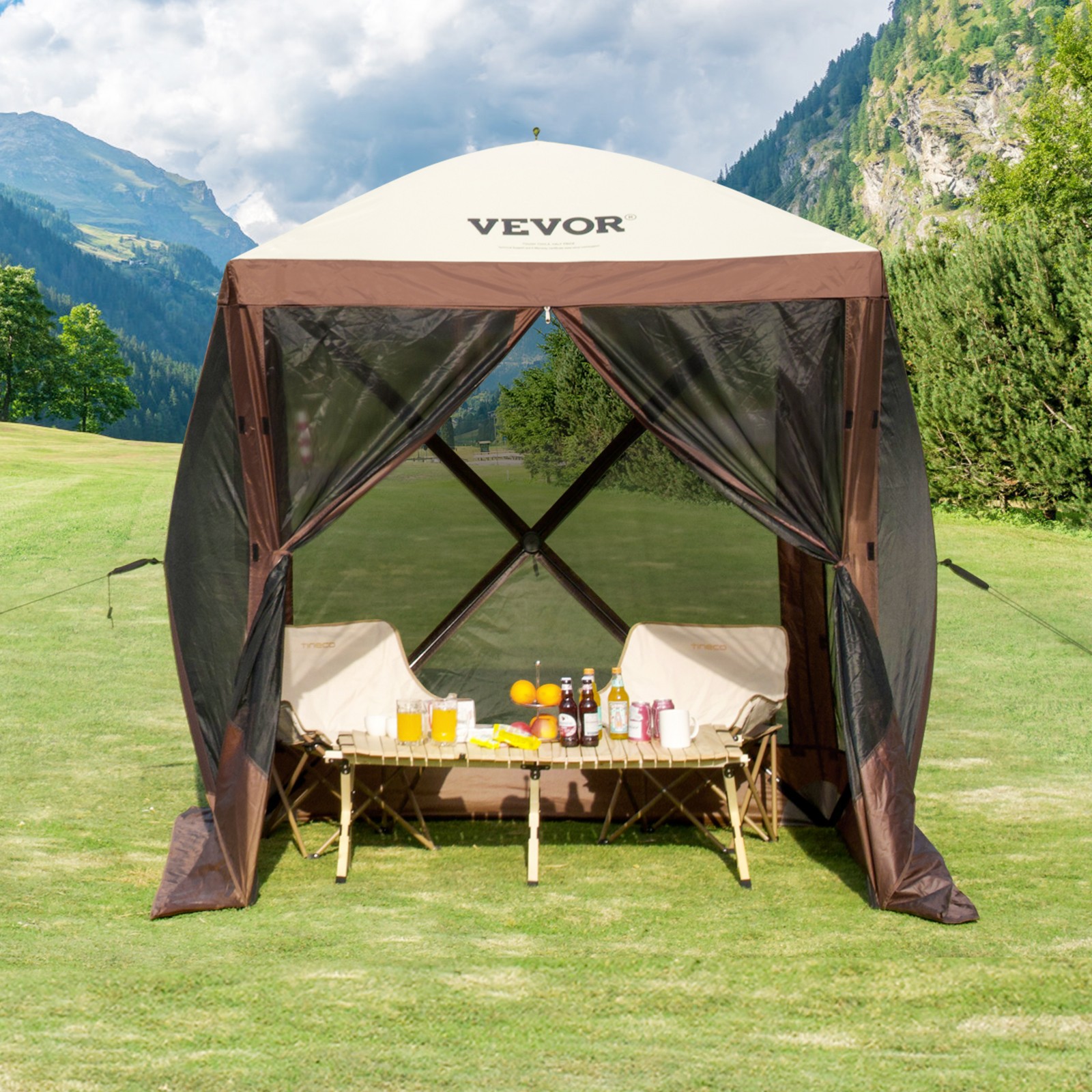 VEVOR Pop Up Gazebo Tent Pop-Up Screen Tent 4 Sided Canopy Sun Shelter Brown