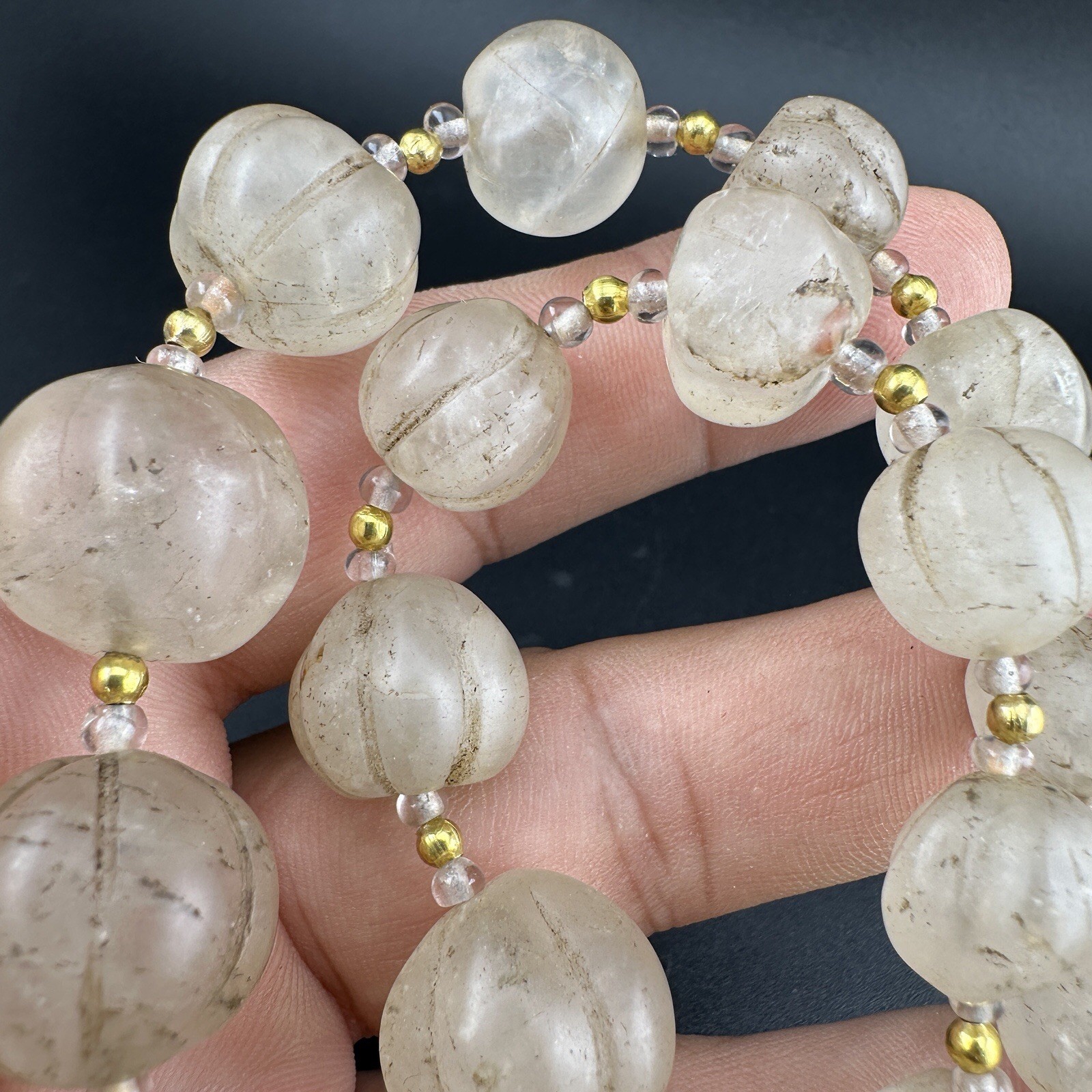 Old Himalayan Regions Crystals ￼ Beads Carving Gold Plated Beads Necklace Rare