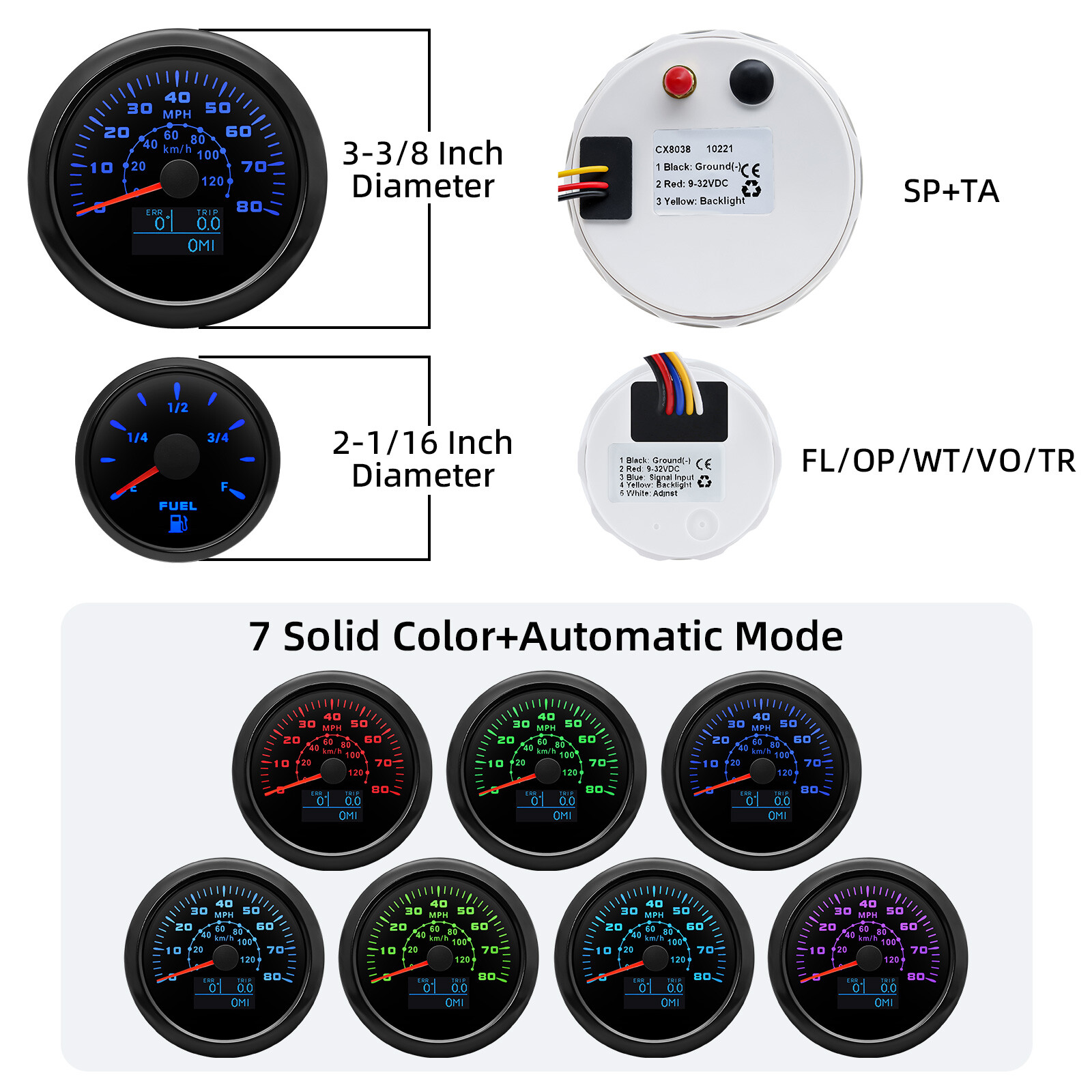 7 Gauge Set 85mm Boat GPS Speedometer 120km/h/80MPH Tachometer 8000RPM Gauge US