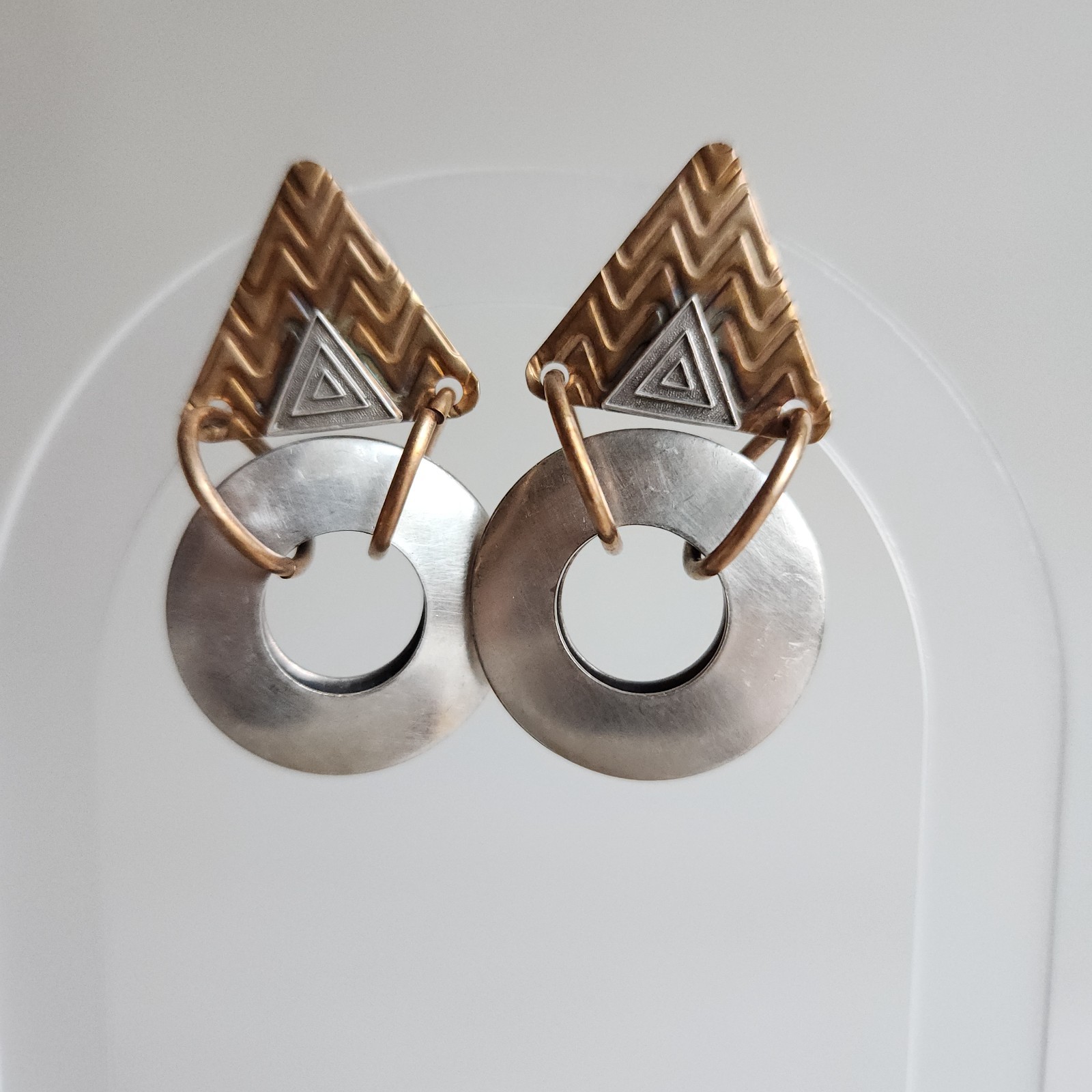 Handcrafted Geometric Artisan Post Earrings — Brass & Silver-Tone Disc Dangle