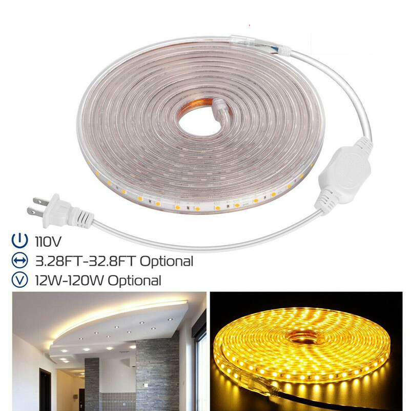 110V 5050 LED Strip Light Flexible Tape Lighting Rope Home Outdoor With US Plug