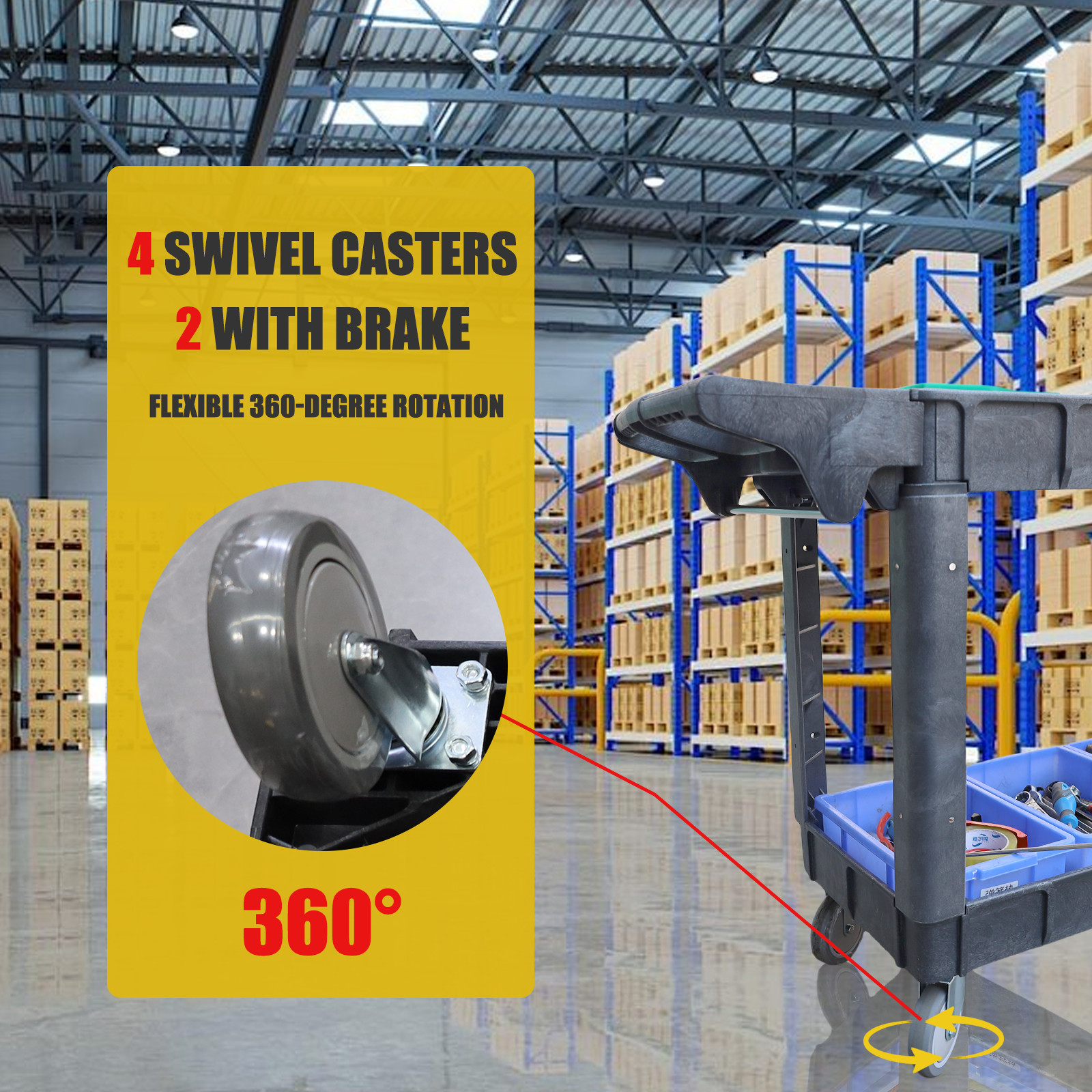 Heavy Duty Service Shop Tool Cart 2-Shelf 500lbs Capacity Organizer Rolling 360°