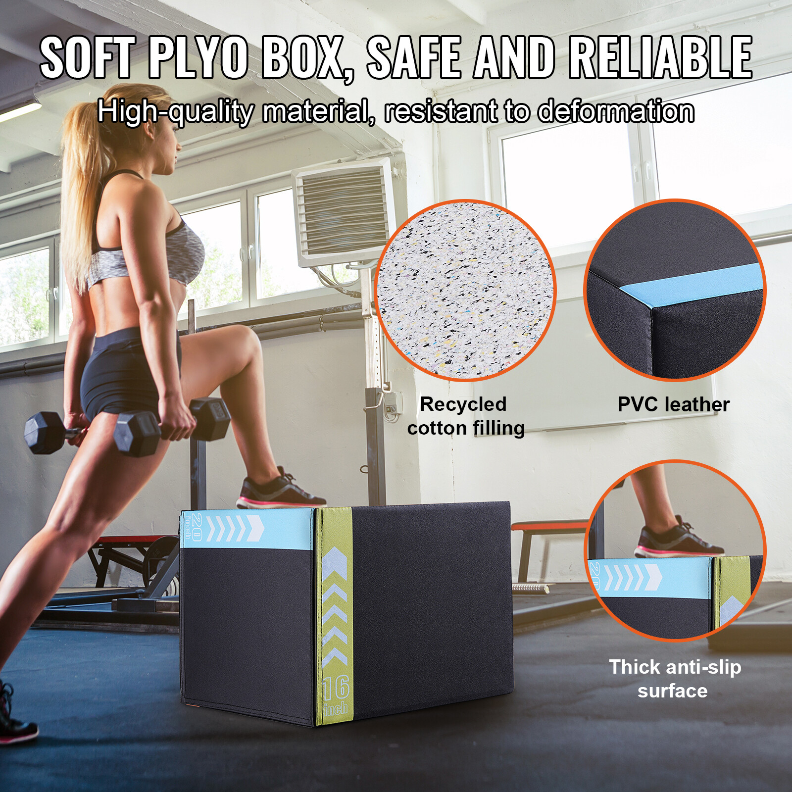 VEVOR 20/18/16 Inch 3 in 1 Plyometric Jump Box Fitness Exercise Plyo Box Cotton