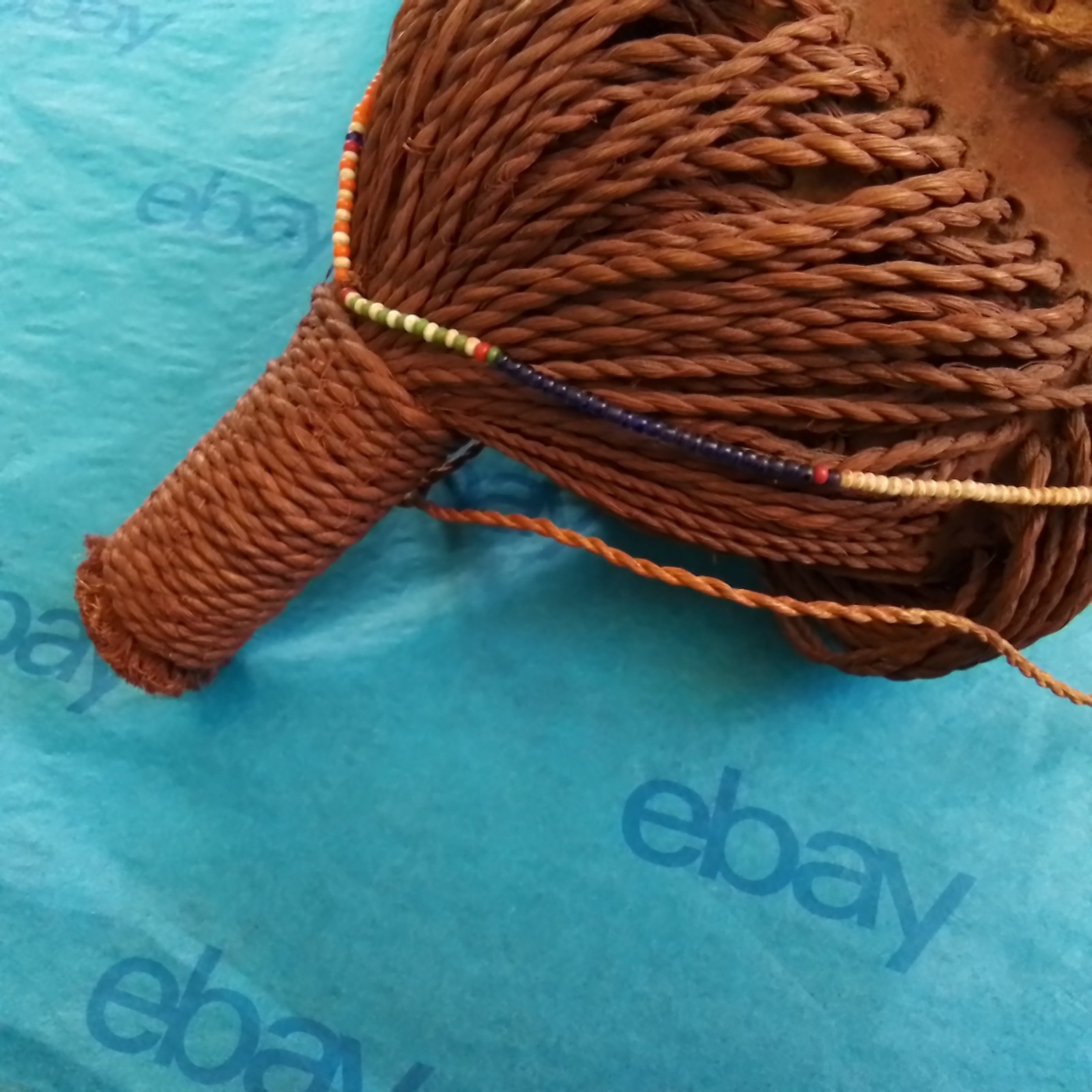 Vtg Maasai Tribal Men's Headdress, Kenya, Africa, Red Ochre Sisal Glass Beads