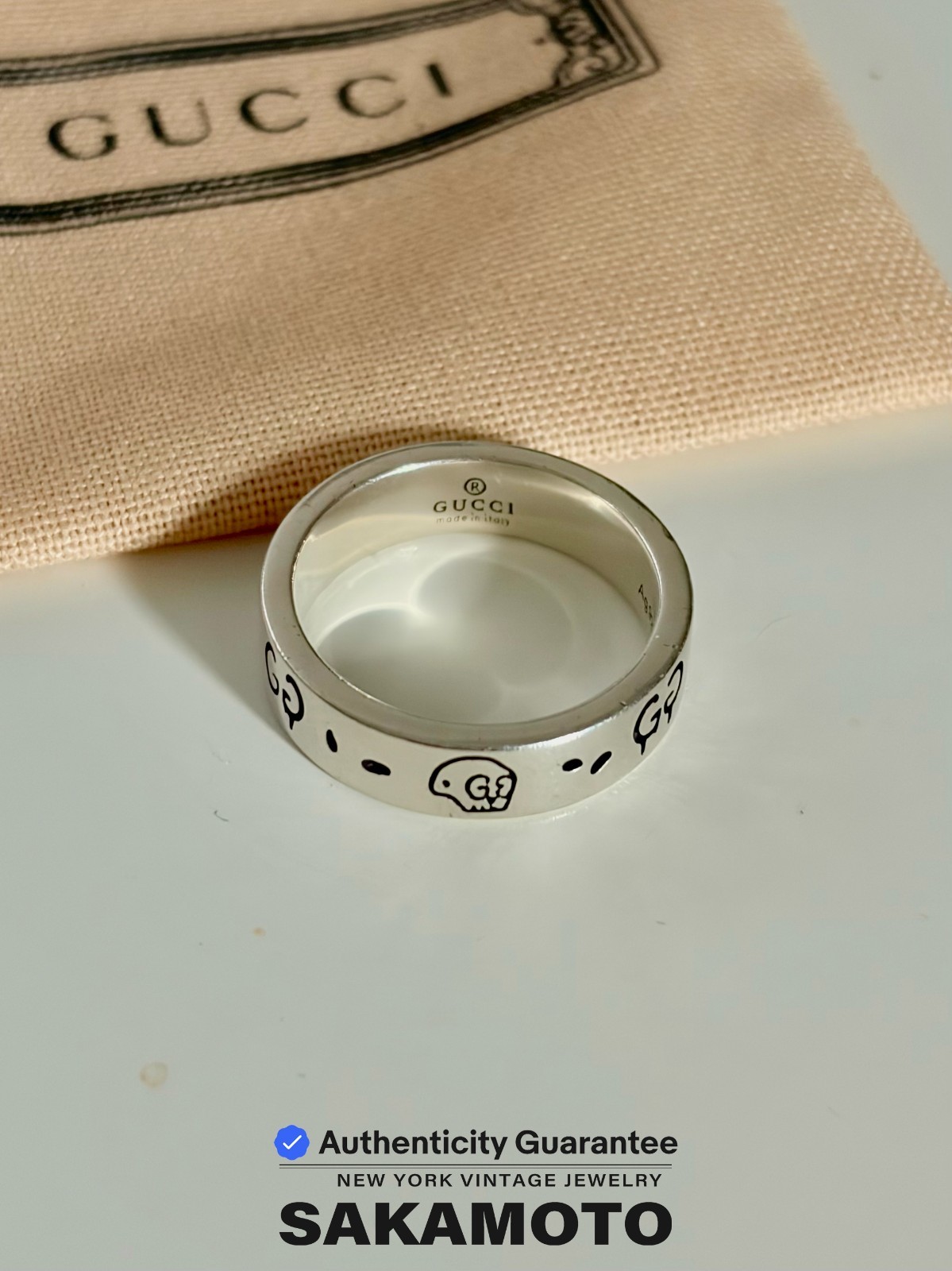 GUCCI GG Ring Ag925 Unisex Sterling Silver Ghost Ring 6MM-Size US 8