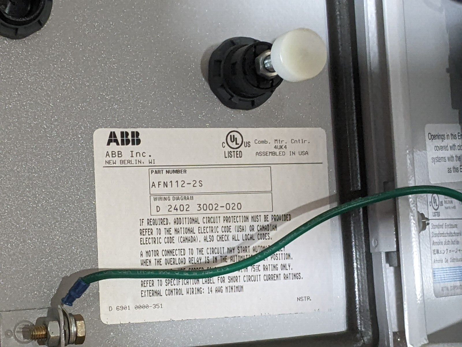 ABB AFN112-2S Non Combination Motor Starter Enclosure AF26-30-00-13 100-250 VAC