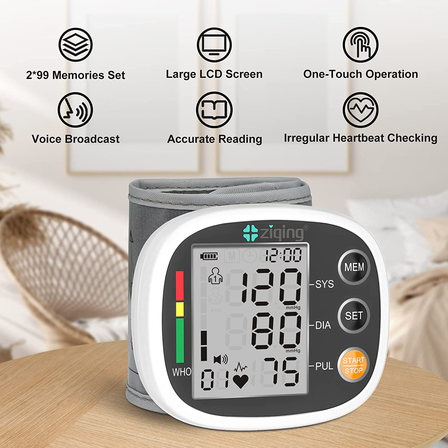 ziqing Digital Wrist Blood Pressure Monitor BP Cuff LCD Heart Rate Machine US