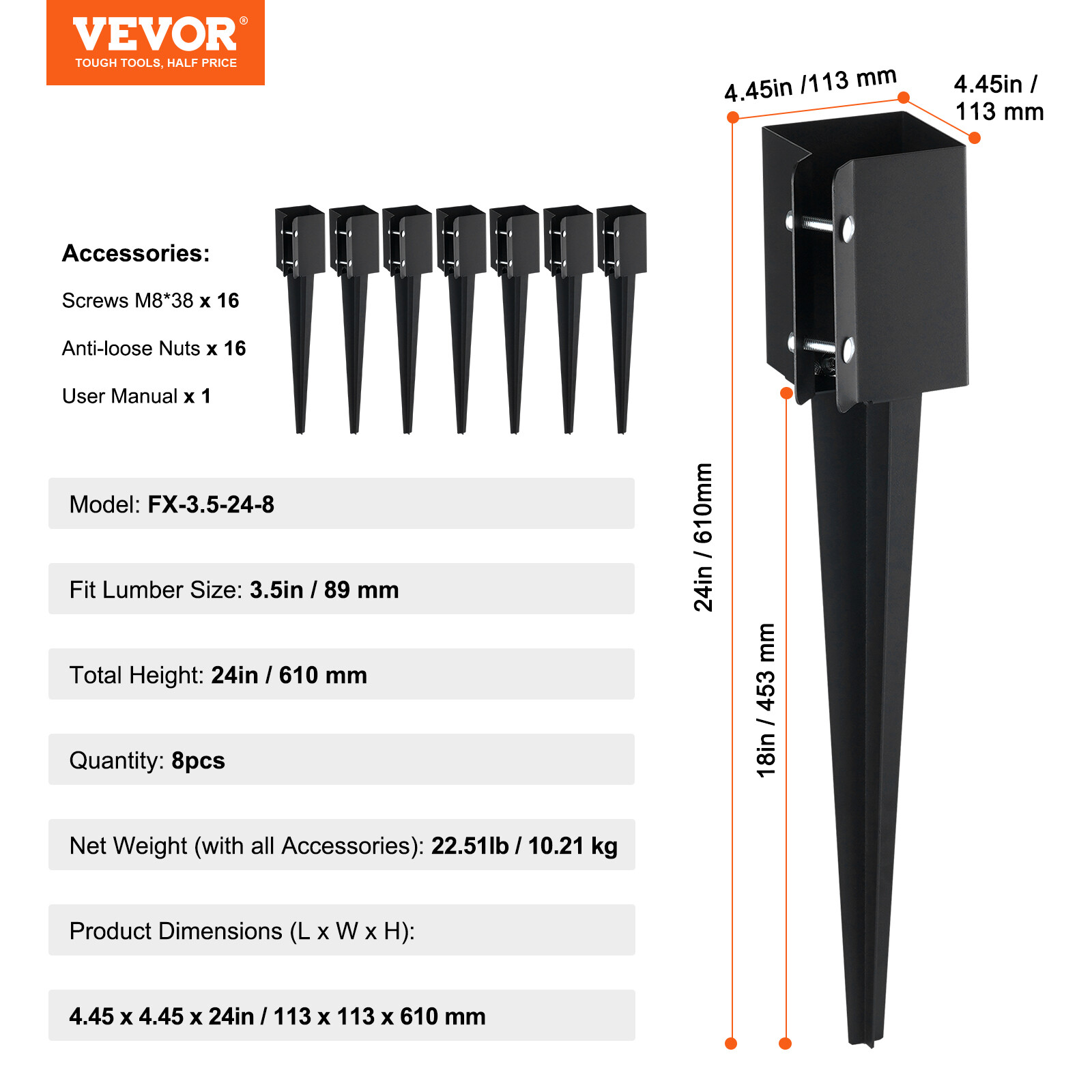 VEVOR Fence Post Anchor Ground Spike 8 Pack 24 x 4 x 4 In Metal Fence Stakes