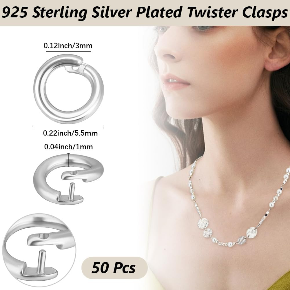 50 Pcs 5.5mm Locking Jump Rings in 925 Sterling Silver Plated Brass for Jewelry