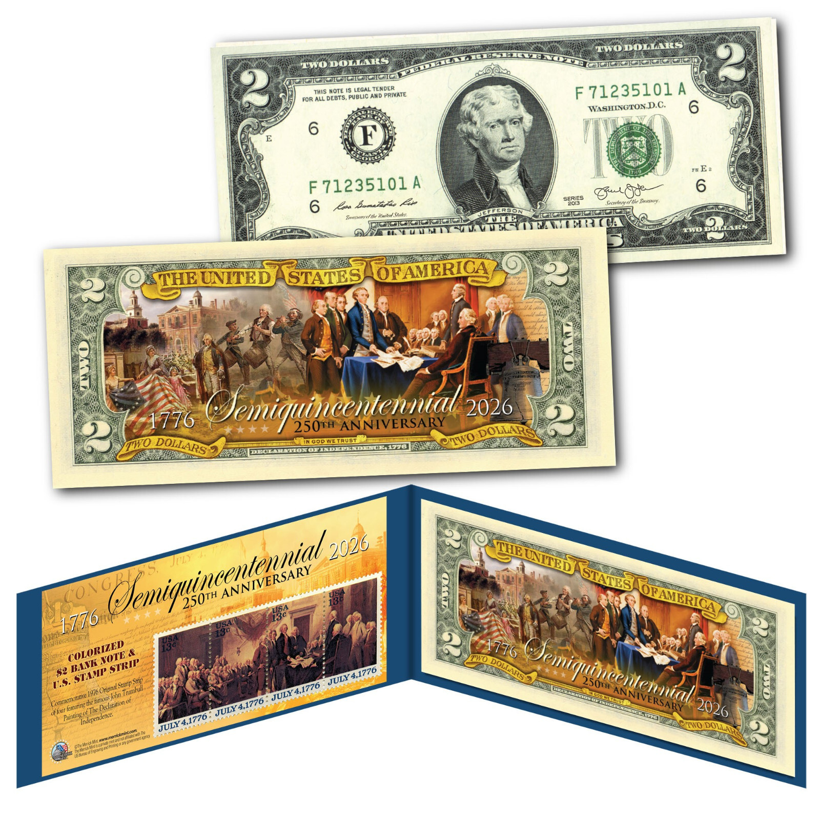 2026 Semiquincentennial USA 250th Anniversary July 4 DOI $2 Bill '76 Stamp Strip