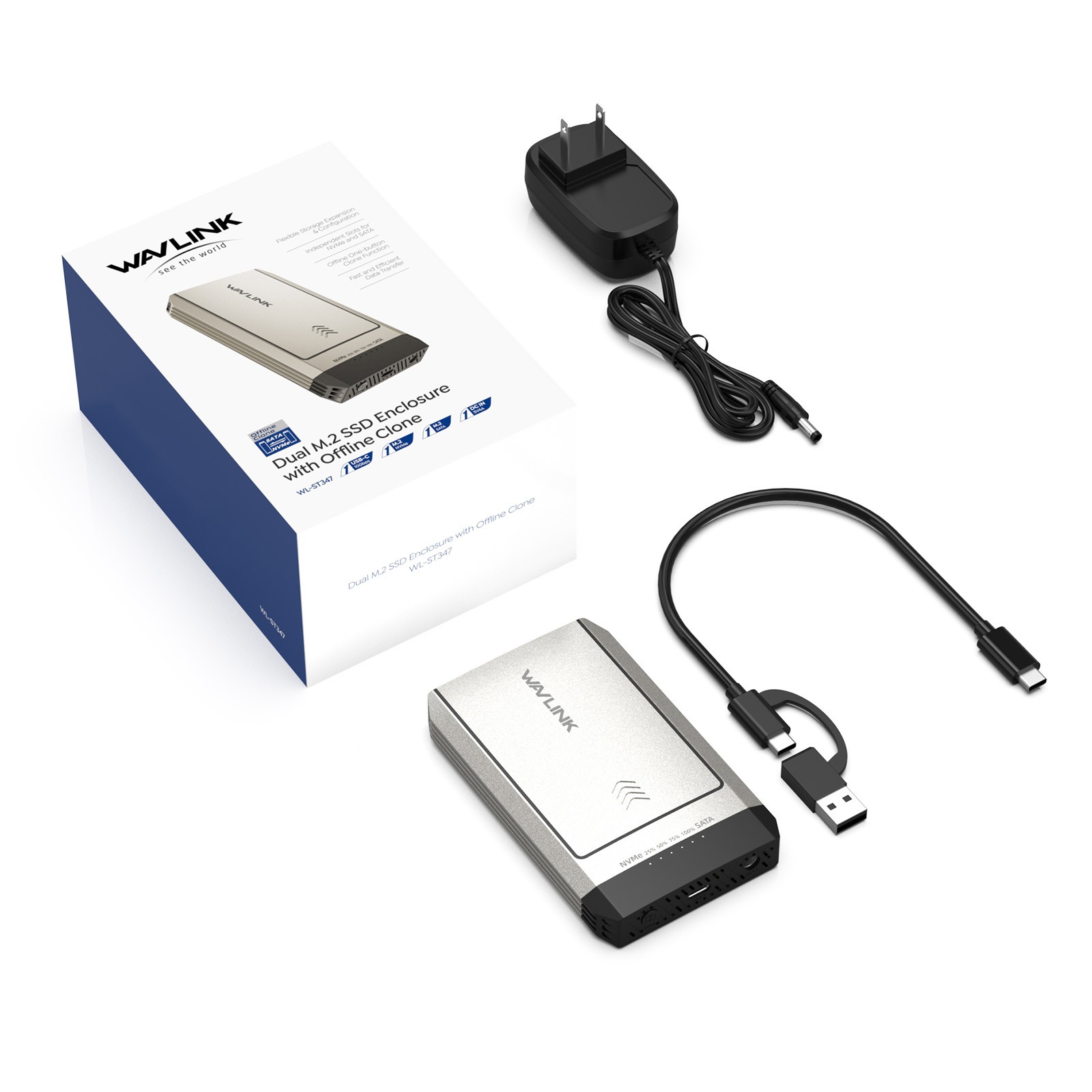 Dual-Bay Offline Clone M.2 SSD NVMe Cloner 10Gbps USB-C Hard Drives Enclosure