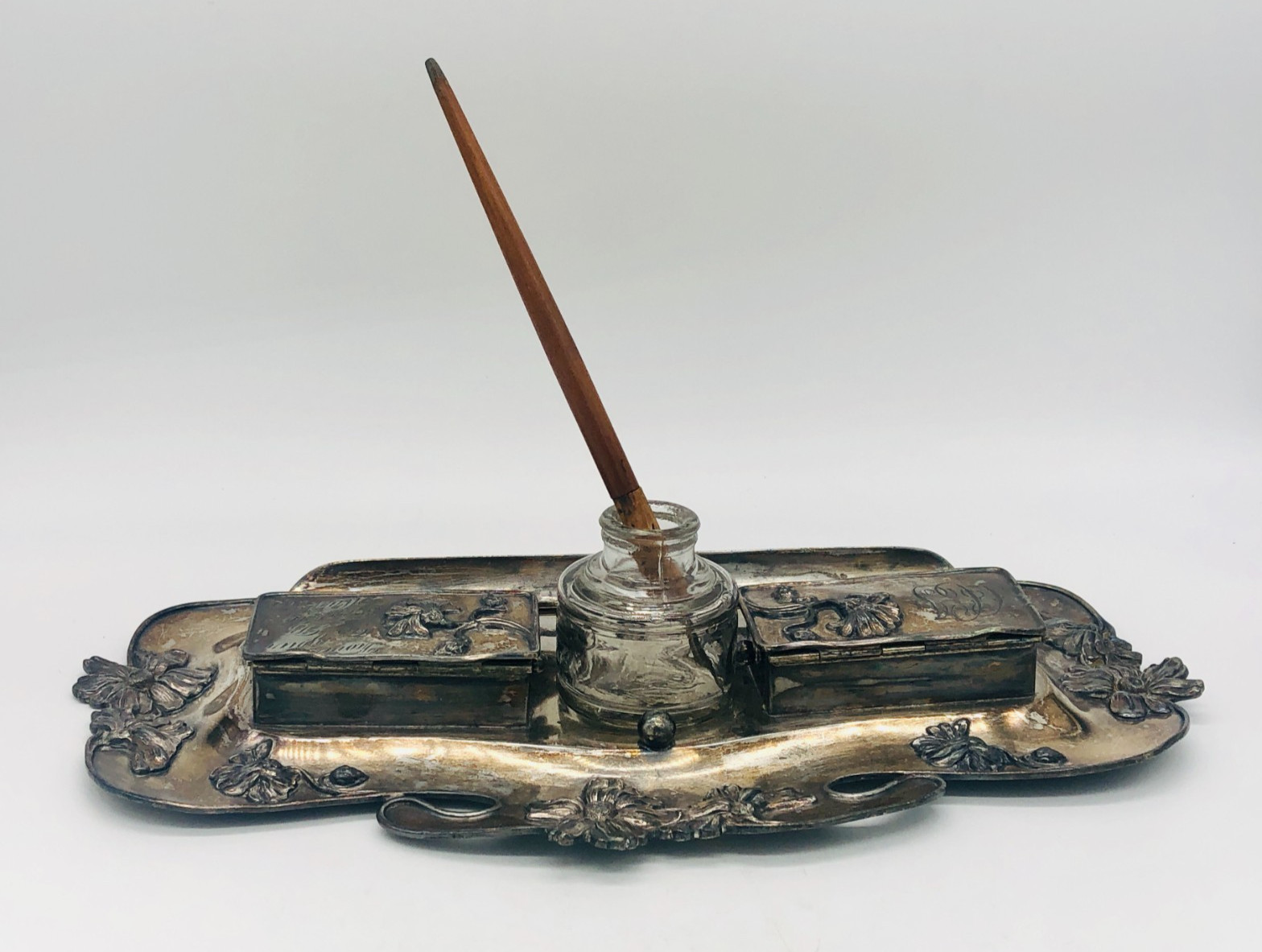 Antique 1905 Derby Silver Co. Art Nouveau Inkwell Set - Engraved #1778 - USA