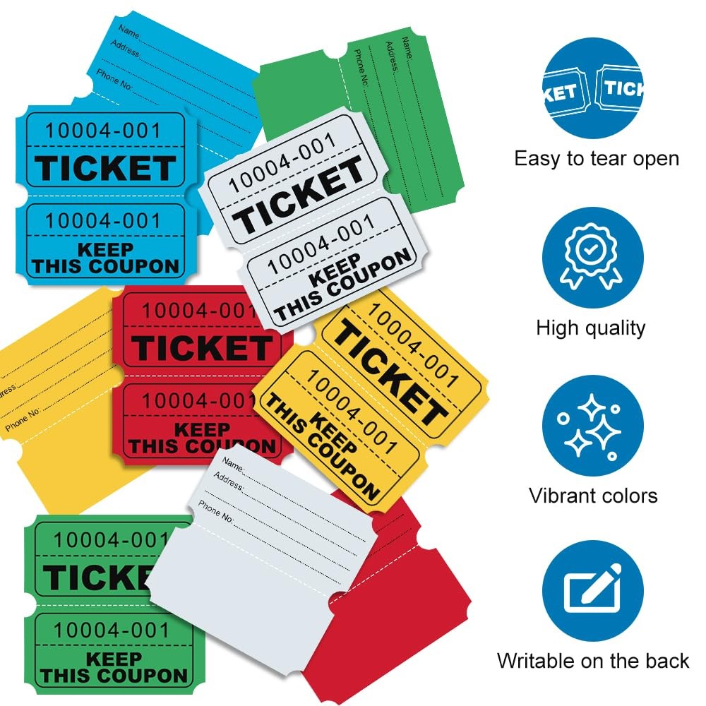 1000 Raffle Tickets Double Stub 500 Pairs 5 Colors for Events Carnival Party