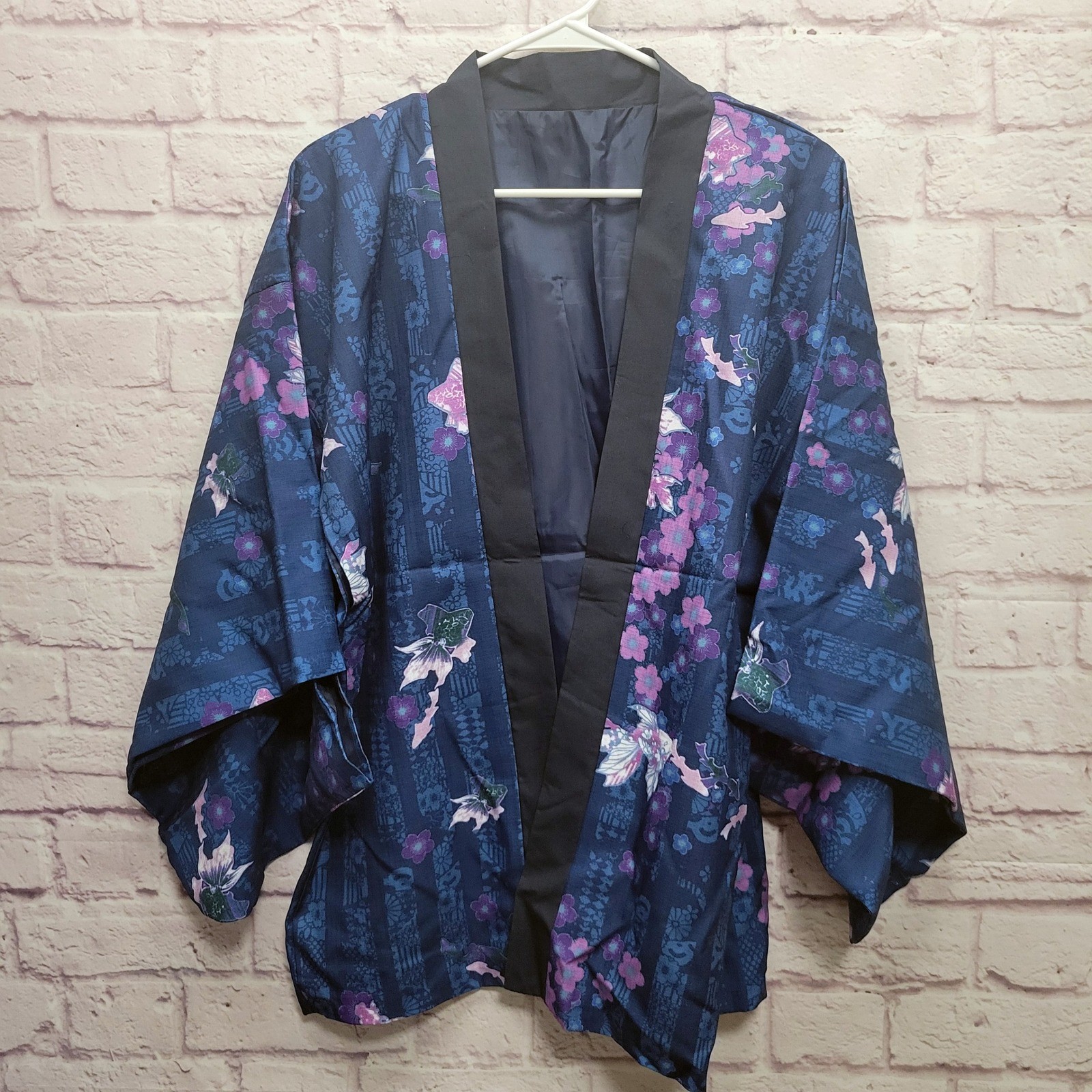 Japanese Kimono Jacket Womens XL+ Blue Purple Floral Asian Design Boxy Sleeves