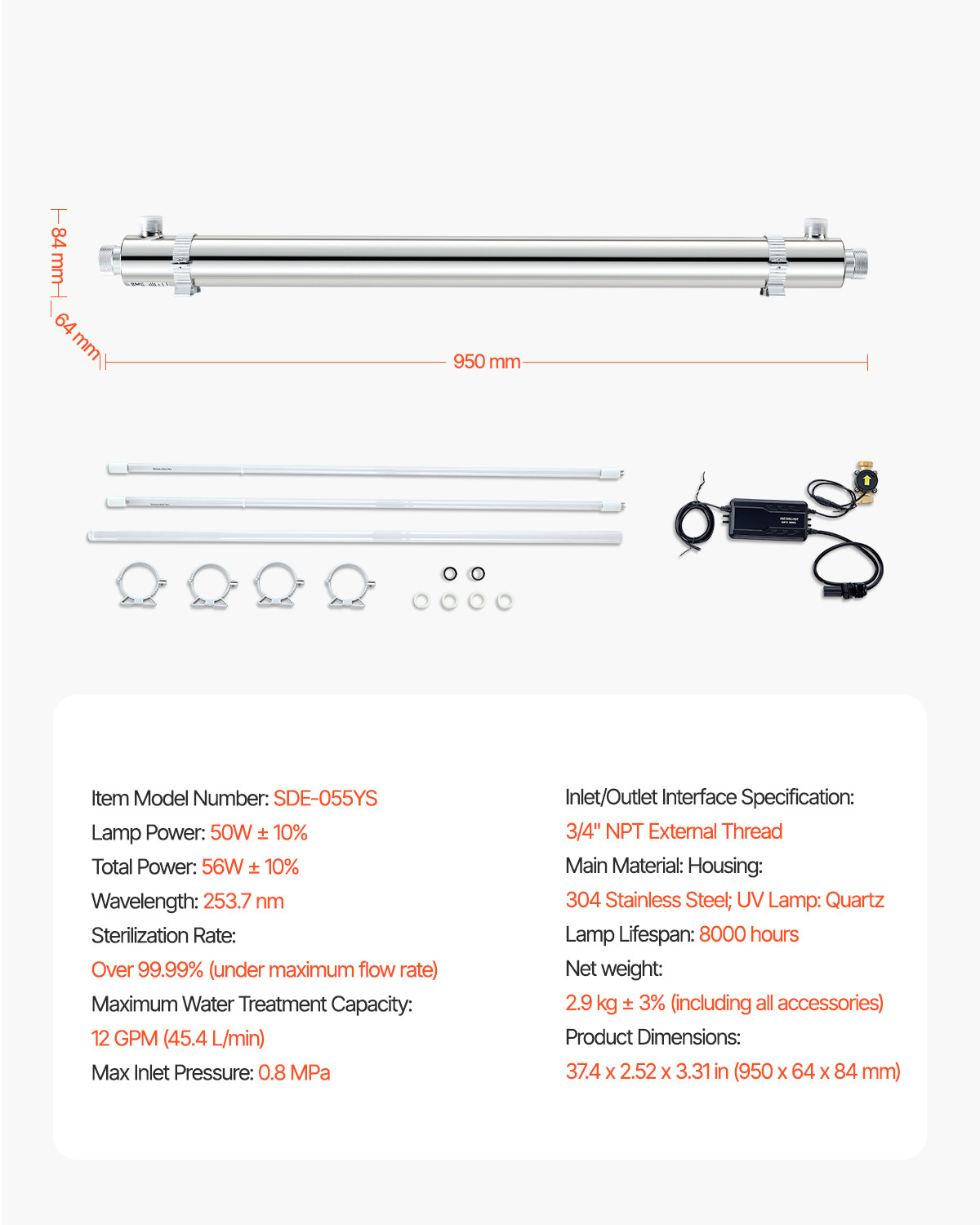 VEVOR 110V 55W UV Water Purifier 12GPM Ultraviolet Water Purifier Filter