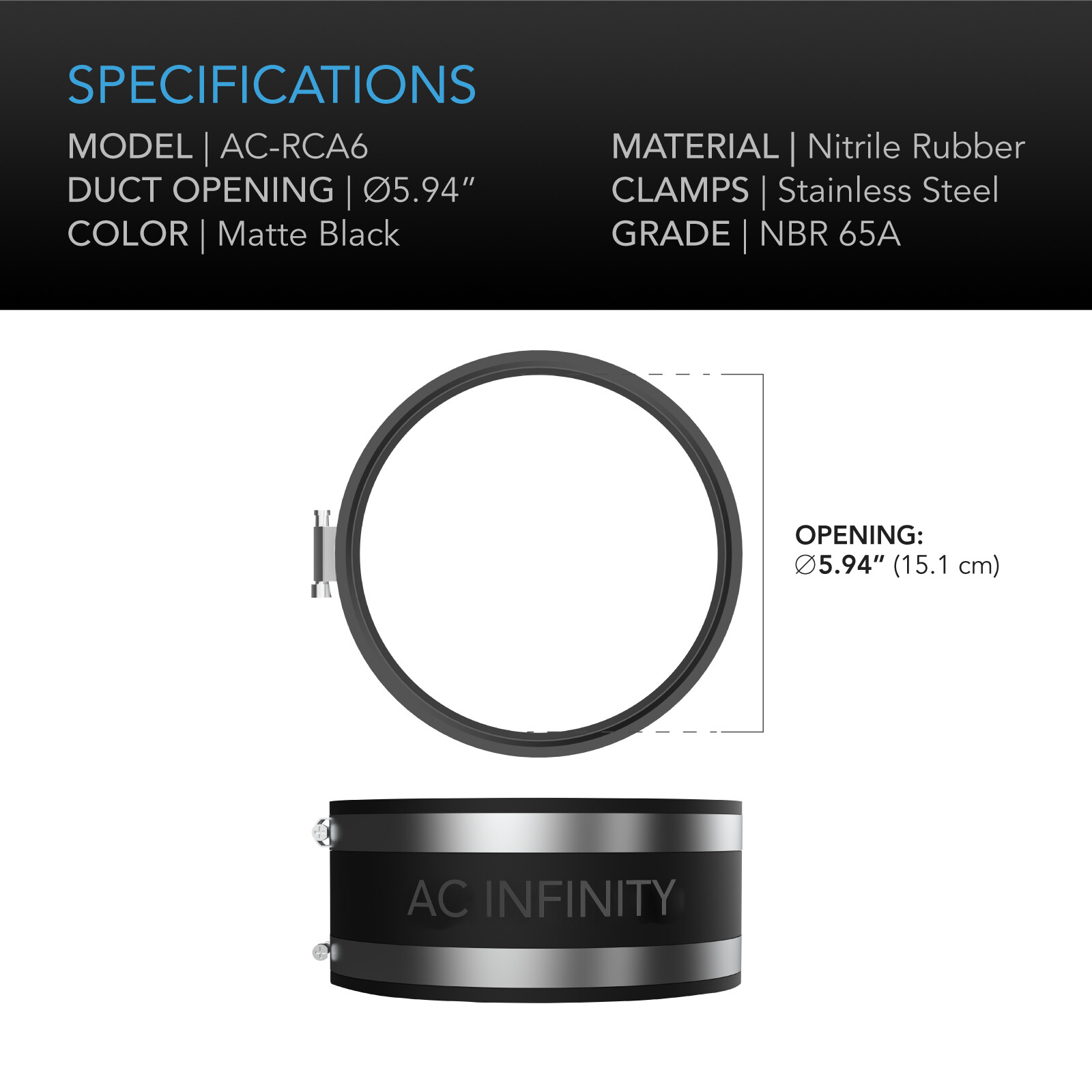 6-Inch Rubber Duct Coupler with Stainless Steel Clamps, New