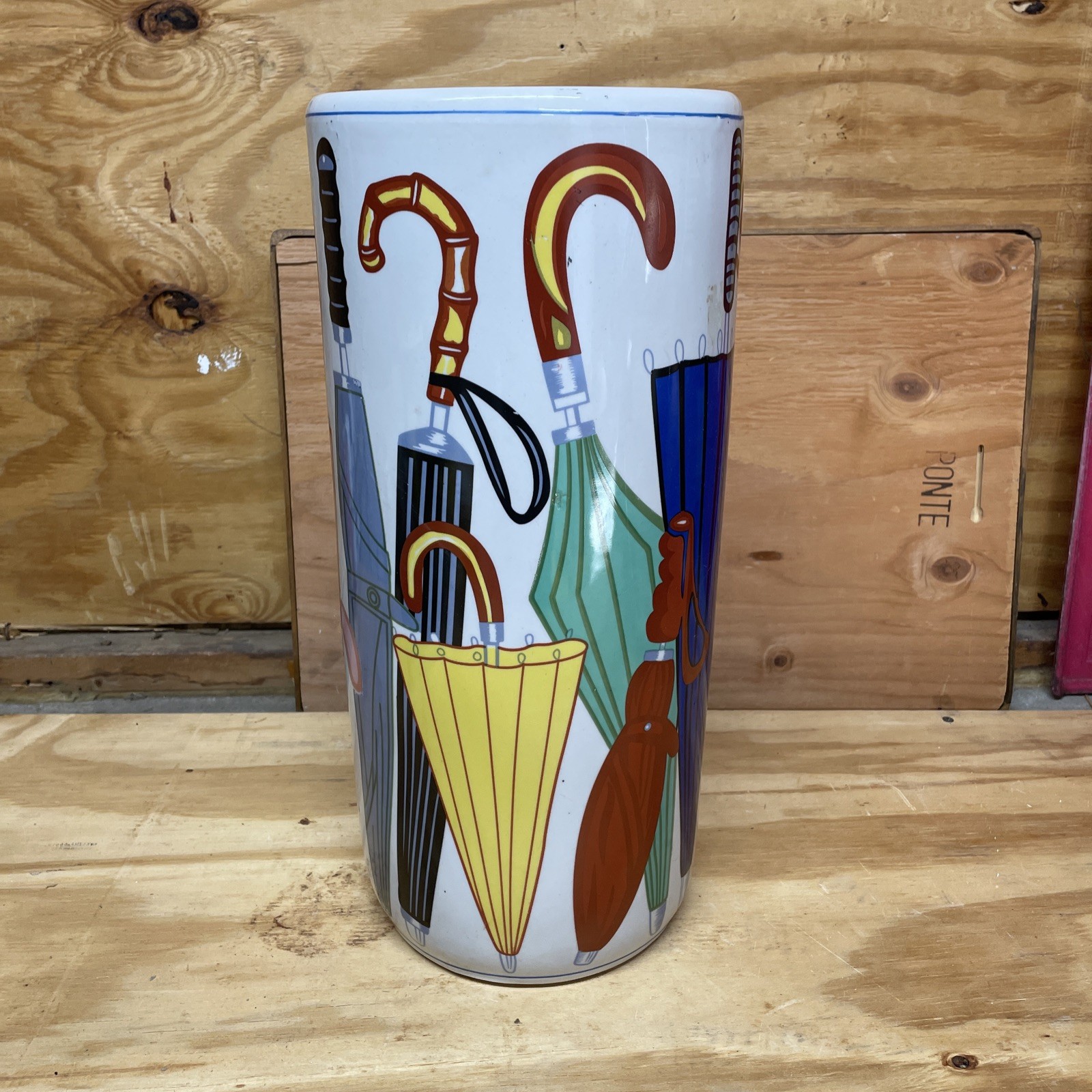 Vintage Ceramic Umbrella Holder Painted W/Colorful Umbrellas