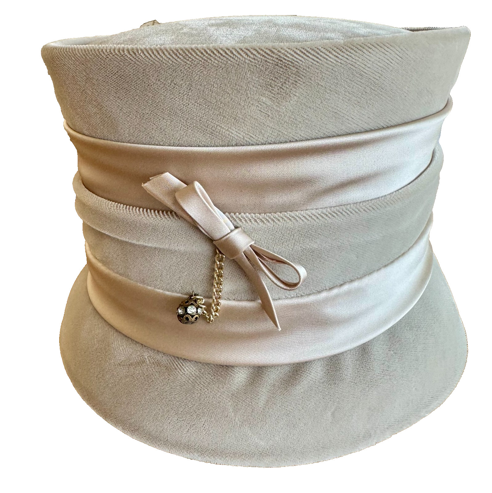 Vtg PILLBOX Hat w/ Original MACY'S Hat Box Beige Velour Tissue Sales Receipt 6"