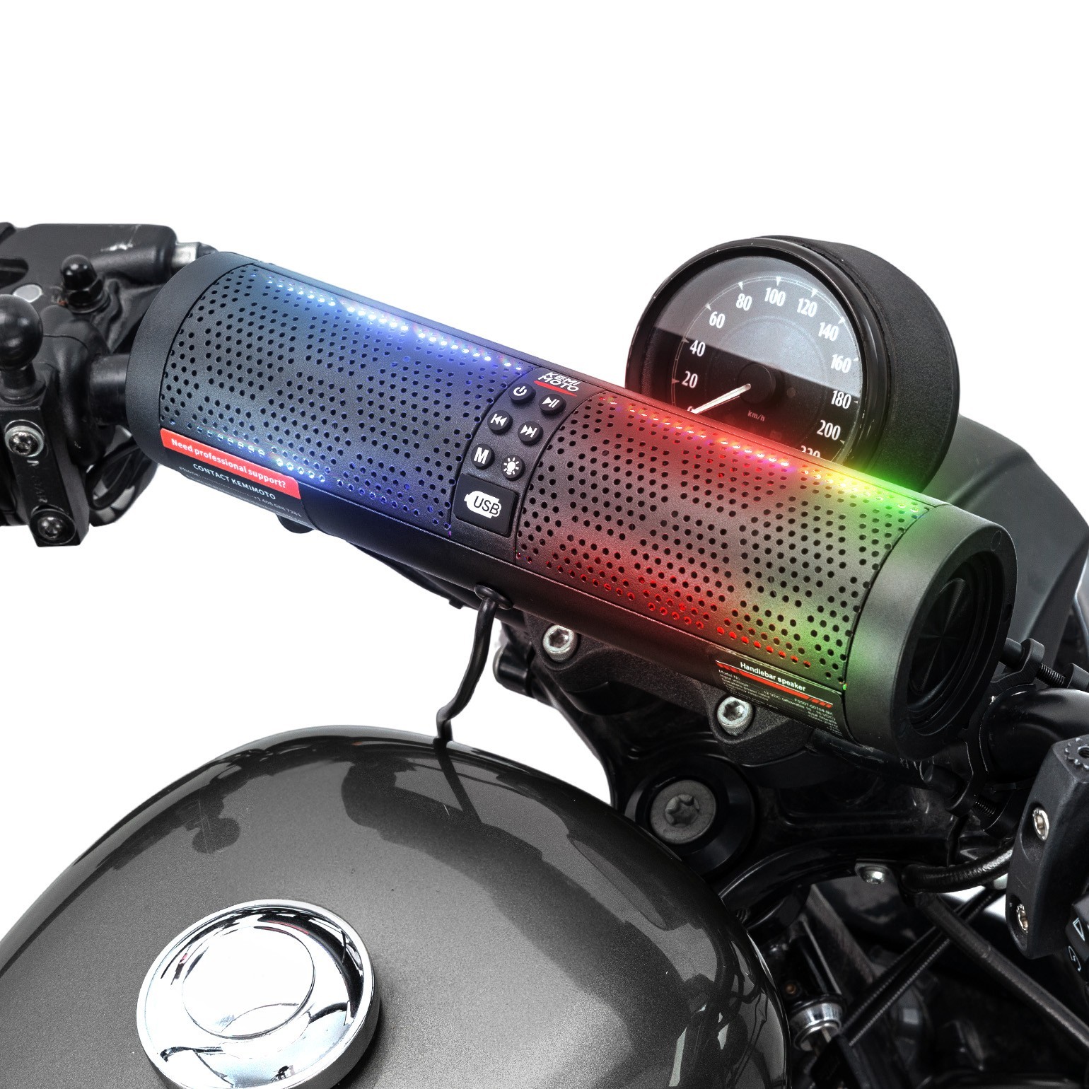 4-Speaker Motorcycle Sound Bar Bluetooth USB Audio System for 7/8-1.2" Handlebar