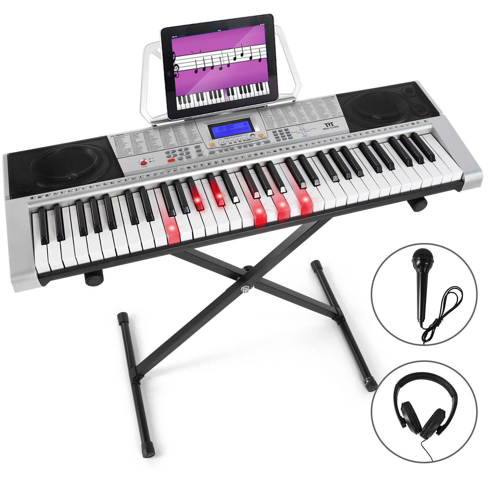 Portable 61Key Electronic Lighted Keyboard Piano LCD Screen Headphone Microphone