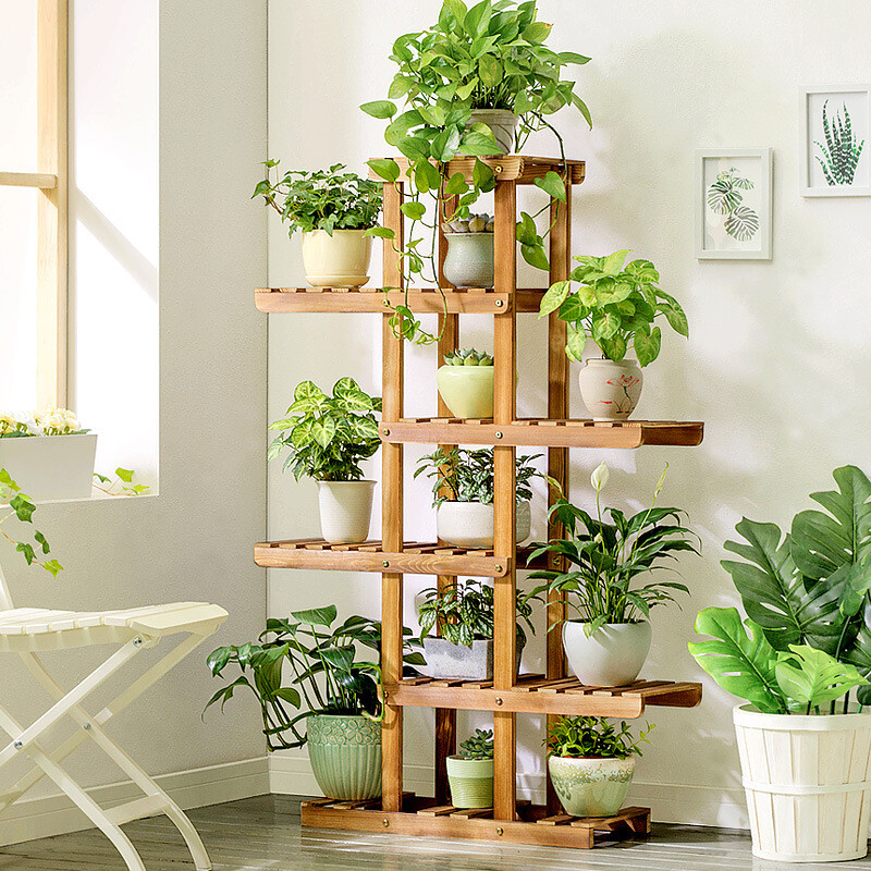 Wall Corner Wooden Plant Stand Indoor Outdoor Garden Flower Pot Shelf Space Save