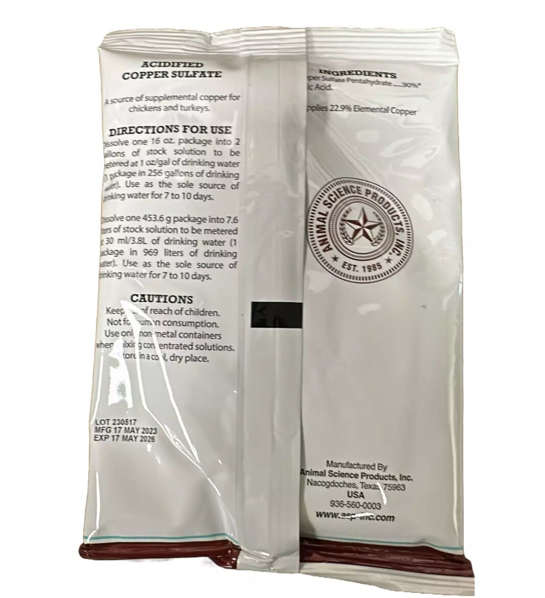 (1) Acidified Copper Sulfate for Sour Crop in Chickens Turkeys & Pigeons (1 Lb)