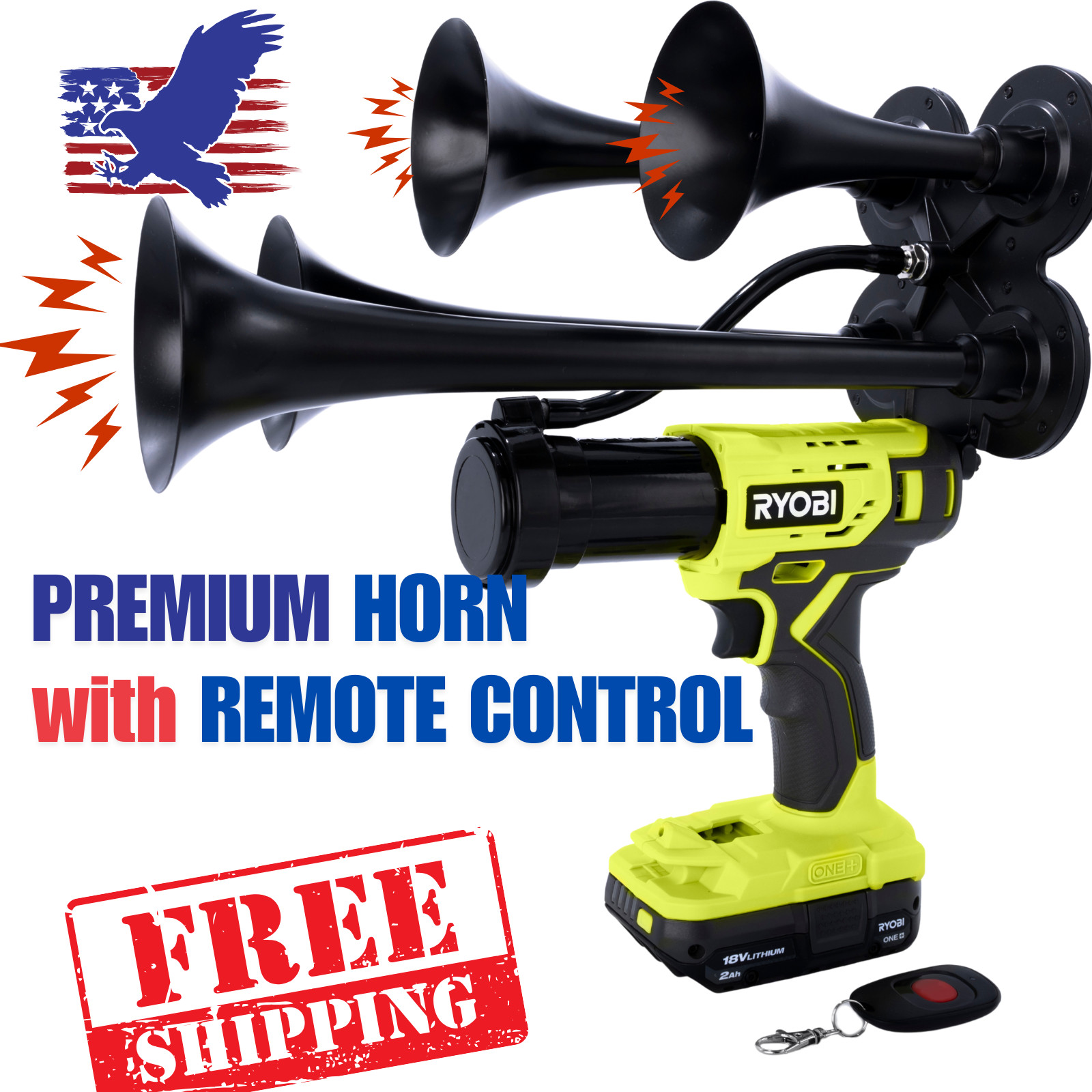 Premium Ryobi 18V Impact Drill Train Air Horn with Remote Control | Quad 4