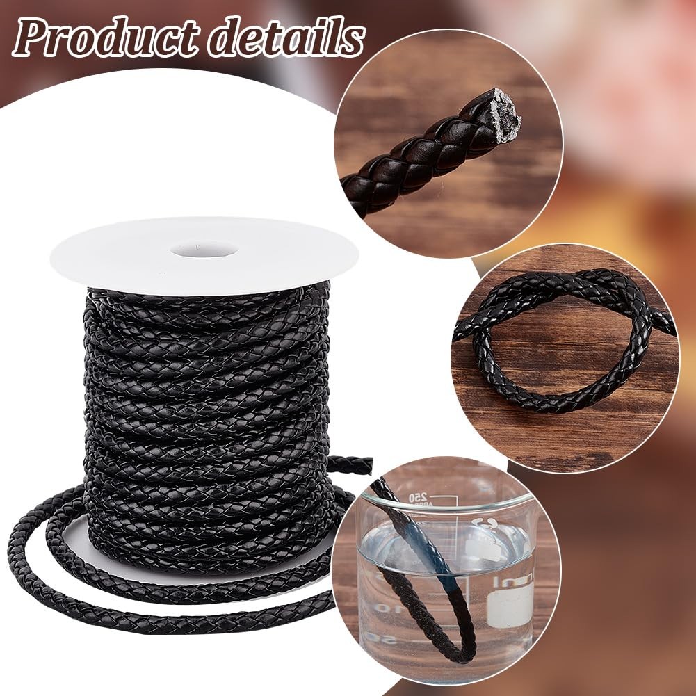 PH PandaHall 10.9 Yards Braided Leather Cord 5mm Round PU Strap Black