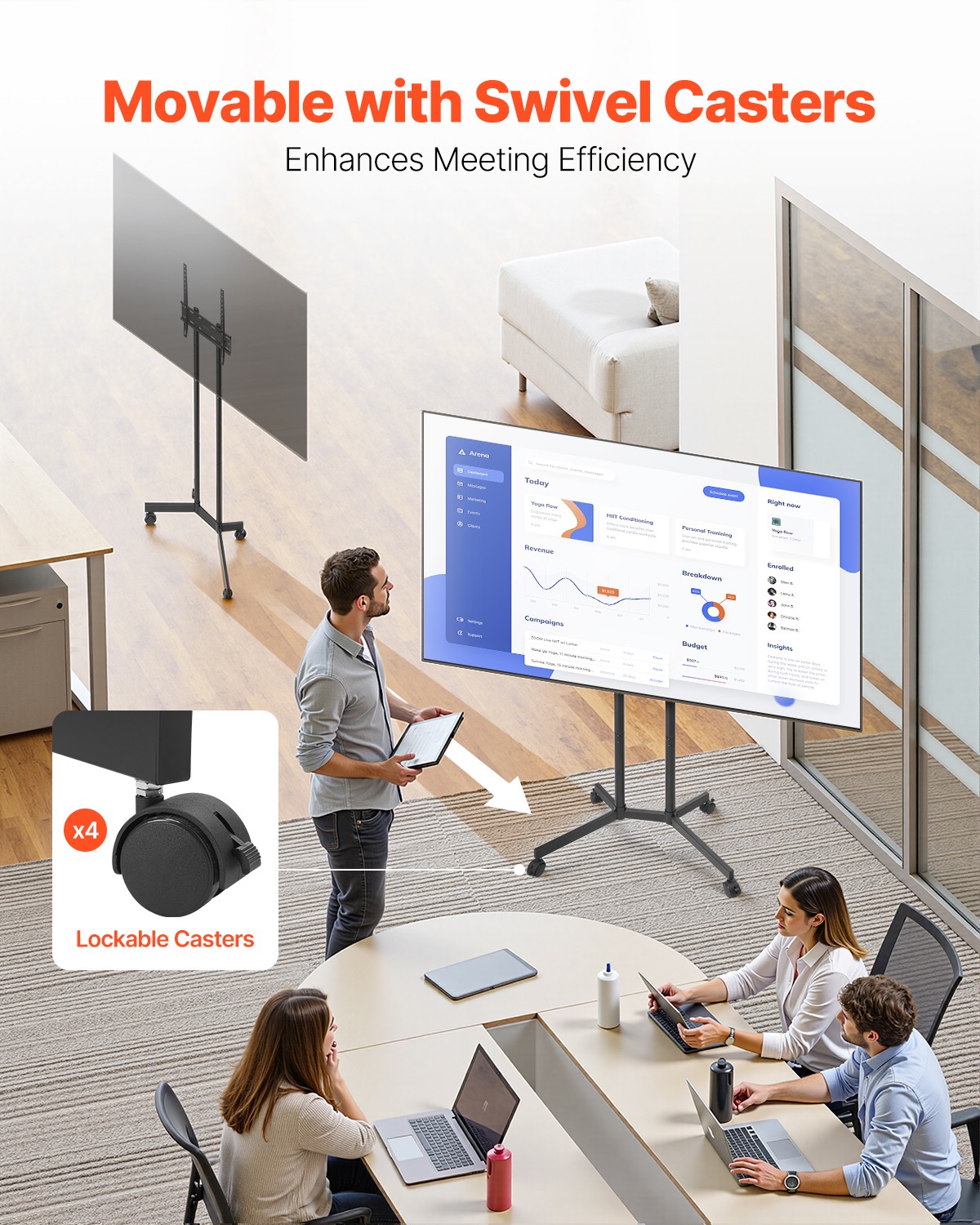 Rolling TV Stand Mobile TV Cart Holds Up to 88 lbs for 32-65 Inch Screens