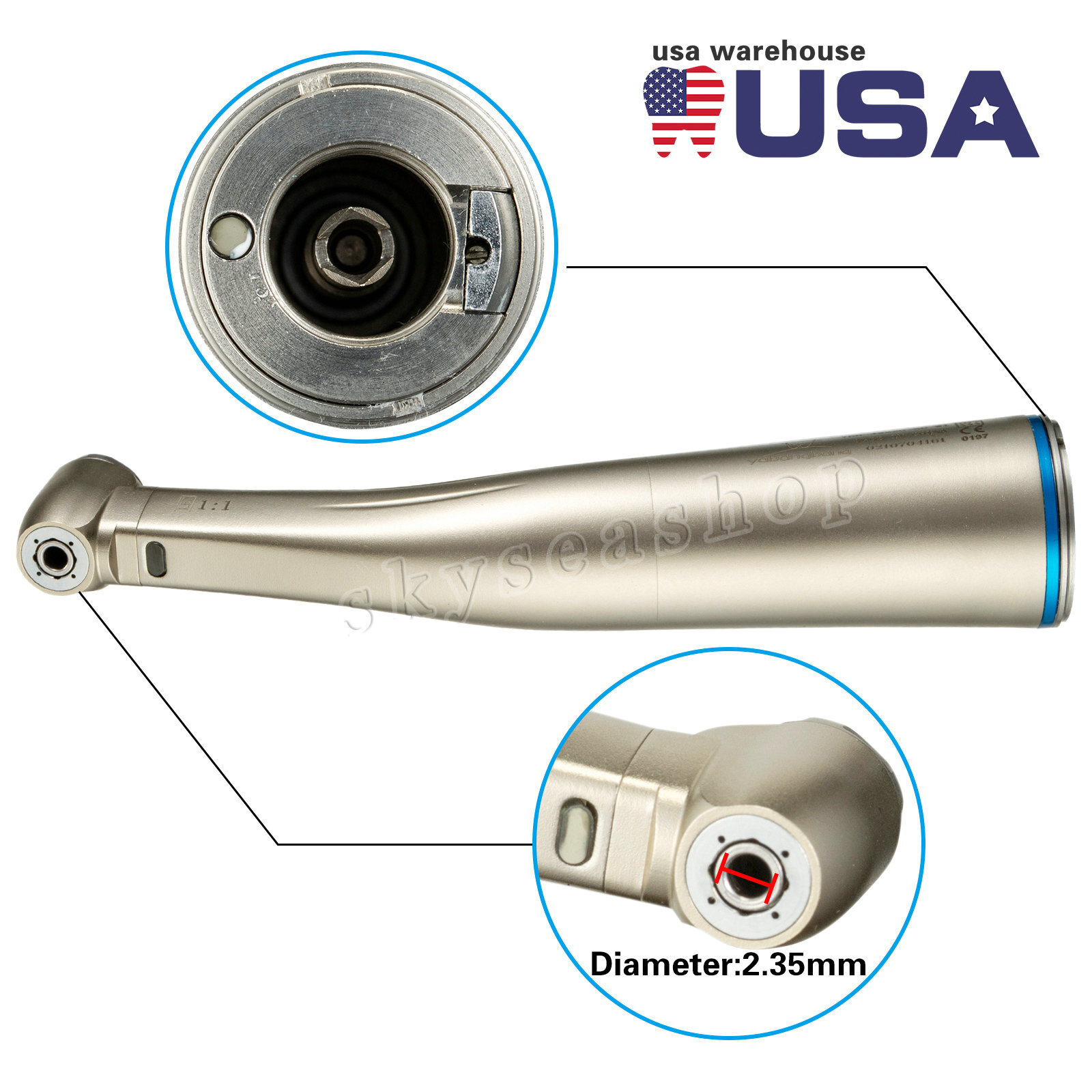 US Dental 1:1 LED Fiber Optic Internal Water Spray Contra Angle Handpiece SANDEN