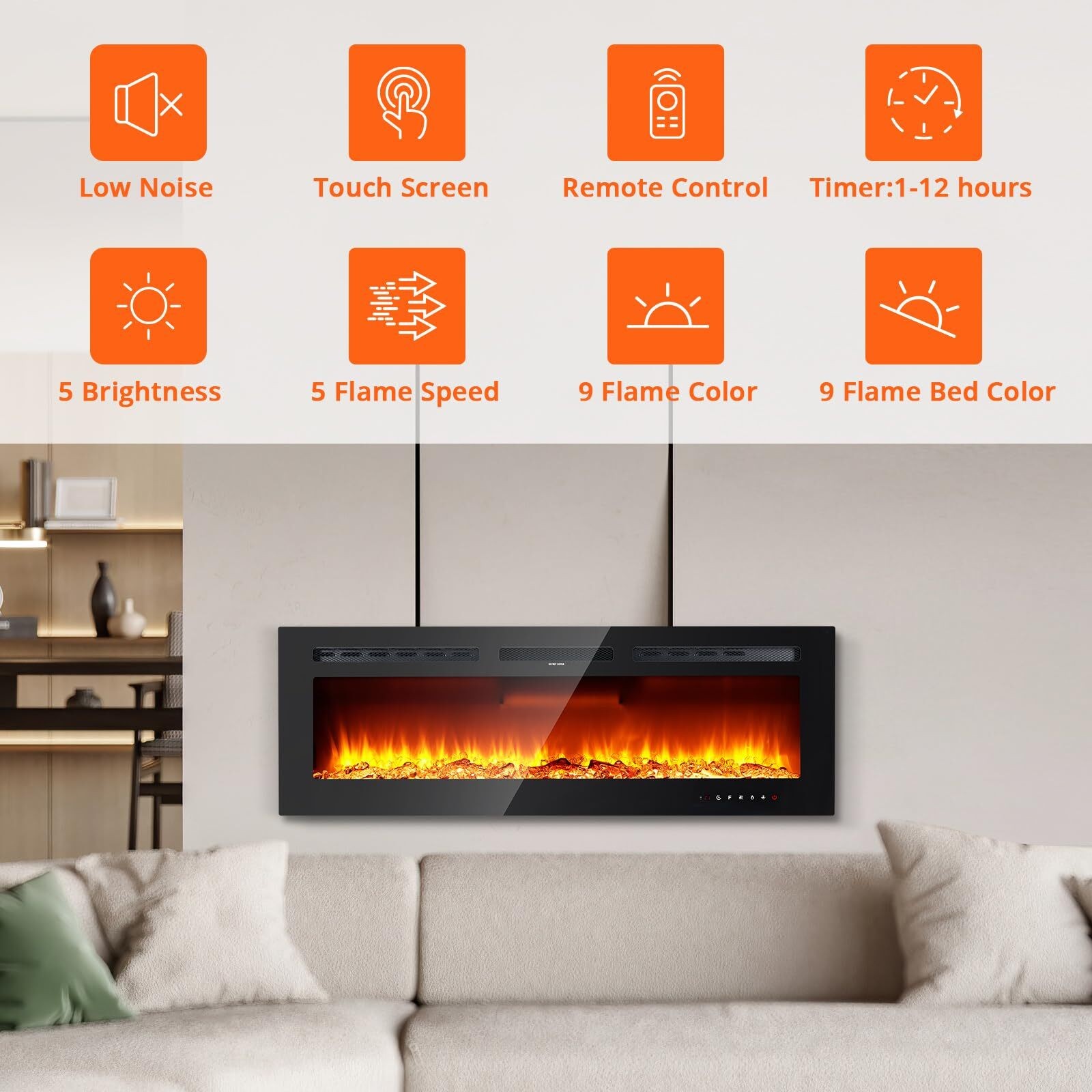 60Inch Electric Fireplace Recessed Wall Mounted Heater W/ Adjustable Flame Color